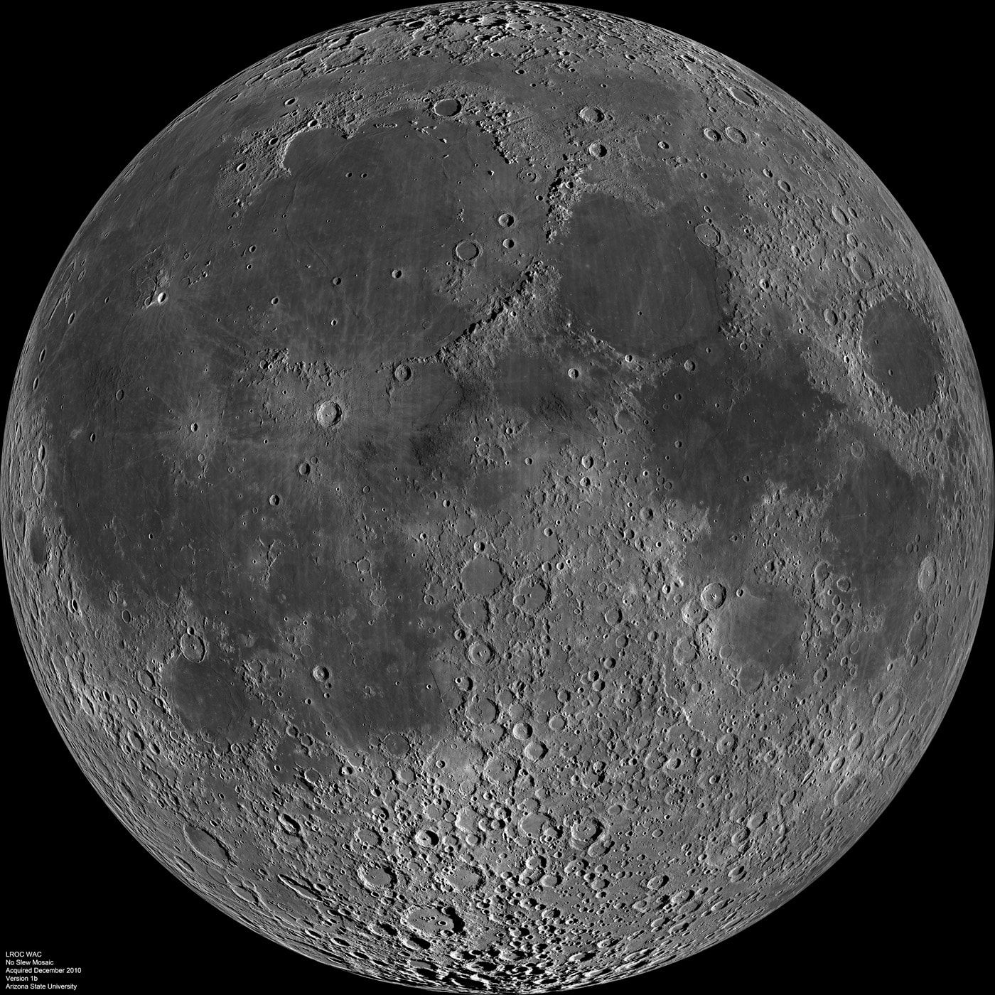 About 1,300 images from the Lunar Reconnaissance Orbiter spacecraft's wide angle camera were used to compose this spectacular view of a familiar face - the lunar nearside. But why is there a lunar nearside? The Moon rotates on its axis and orbits the Earth at the same rate, about once every 28 days. Tidally locked in this configuration, the synchronous rotation always keeps one side, the nearside, facing Earth. As a result, featured in remarkable detail in the full resolution mosaic, the smooth, dark, lunar maria (actually lava-flooded impact basins), and rugged highlands, are well-known to earthbound skygazers. To find your favorite mare or large crater, just follow this link or slide your cursor over the picture. The LRO images used to construct the mosaic were recorded over a two week period in December 2010.