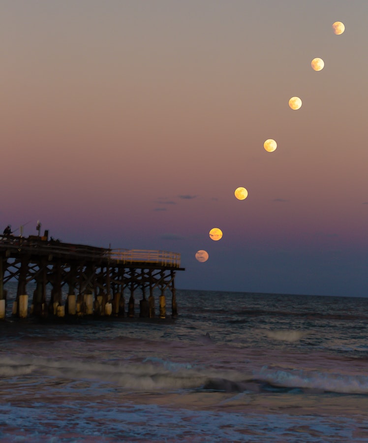 As seen from Cocoa Beach Pier, Florida, planet Earth, the Moon rose at sunset on February 10 while gliding through Earth's faint outer shadow. In progress was the first eclipse of 2017, a penumbral lunar eclipse followed in this digital stack of seaside exposures. Of course, the penumbral shadow is lighter than the planet's umbral shadow. That central, dark, shadow is easily seen on the lunar disk during a total or partial lunar eclipse. Still, in this penumbral eclipse the limb of the Moon grows just perceptibly darker as it rises above the eastern horizon. The second eclipse of 2017 could be more dramatic though. With viewing from a path across planet Earth's southern hemisphere, on February 26 there will be an annular eclipse of the Sun.