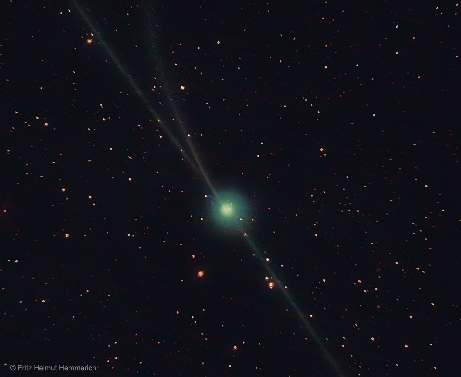 How can a comet have three tails? Normally, a comet has two tails: an ion tail of charged particles emitted by the comet and pushed out by the wind from the Sun, and a dust tail of small debris that orbits behind the comet but is also pushed out, to some degree, by the solar wind.  Frequently a comet will appear to have only one tail because the other tail is not easily visible from the Earth.  In the featured unusual image, Comet 2P/Encke appears to have three  tails because the ion tail split just near to the time when the image was taken. The complex solar wind is occasionally turbulent and sometimes creates unusual structure in an ion tail. On rare occasions even ion-tail disconnection events have been recorded. An image of the Comet Encke taken two days later gives a perhaps less perplexing perspective.