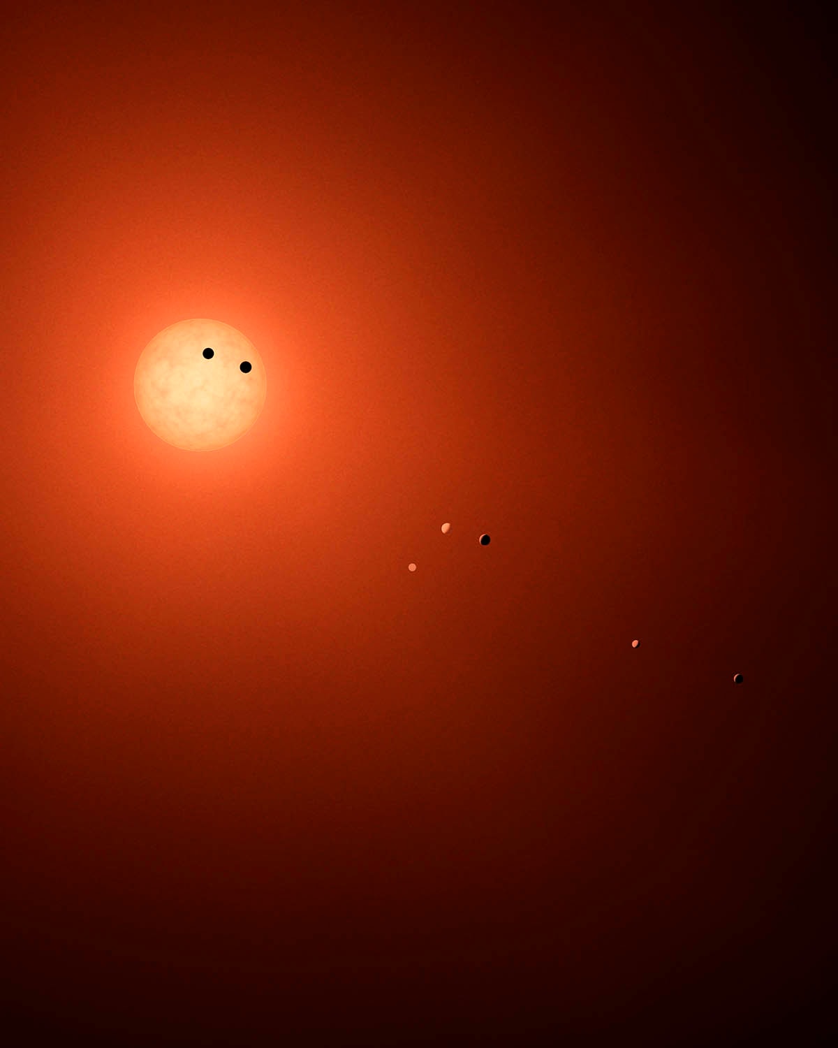 Seven worlds orbit the ultracool dwarf star TRAPPIST-1, a mere 40 light-years away. In May 2016 astronomers using the Transiting Planets and Planetesimals Small Telescope (TRAPPIST) announced the discovery of three planets in the TRAPPIST-1 system. Just announced, additional confirmations and discoveries by the Spitzer Space Telescope and supporting ESO ground-based telescopes have increased the number of known planets to seven. The TRAPPIST-1 planets are likely all rocky and similar in size to Earth, the largest treasure trove of terrestrial planets ever detected around a single star. Because they orbit very close to their faint, tiny star they could also have regions where surface temperatures allow for the presence of liquid water, a key ingredient for life. Their tantalizing proximity to Earth makes them prime candidates for future telescopic explorations of the atmospheres of potentially habitable planets.  All seven worlds appear in this artist's illustration, an imagined view from a fictionally powerful telescope near planet Earth. Planet sizes and relative positions are drawn to scale for the Spitzer observations. The system's inner planets are transiting their dim, red, nearly Jupiter-sized parent star.