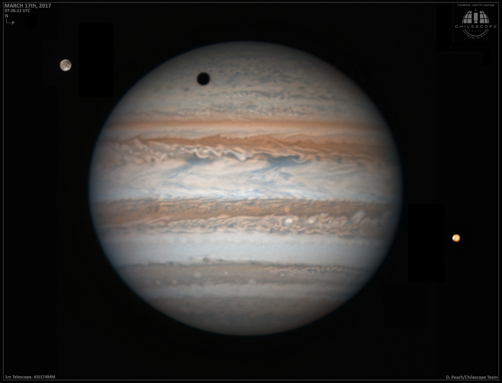 Approaching opposition early next month, Jupiter is offering some of its best telescopic views from planet Earth. On March 17, this impressively sharp image of the solar system's ruling gas giant was taken from a remote observatory in Chile. Bounded by planet girdling winds, familiar dark belts and light zones span the giant planet spotted with rotating oval storms. The solar system's largest moon Ganymede is above and left in the frame, its shadow seen in transit across the northern Jovian cloud tops. Ganymede itself is seen in remarkable detail along with bright surface features on fellow Galilean moon Io, right of Jupiter's looming disk.