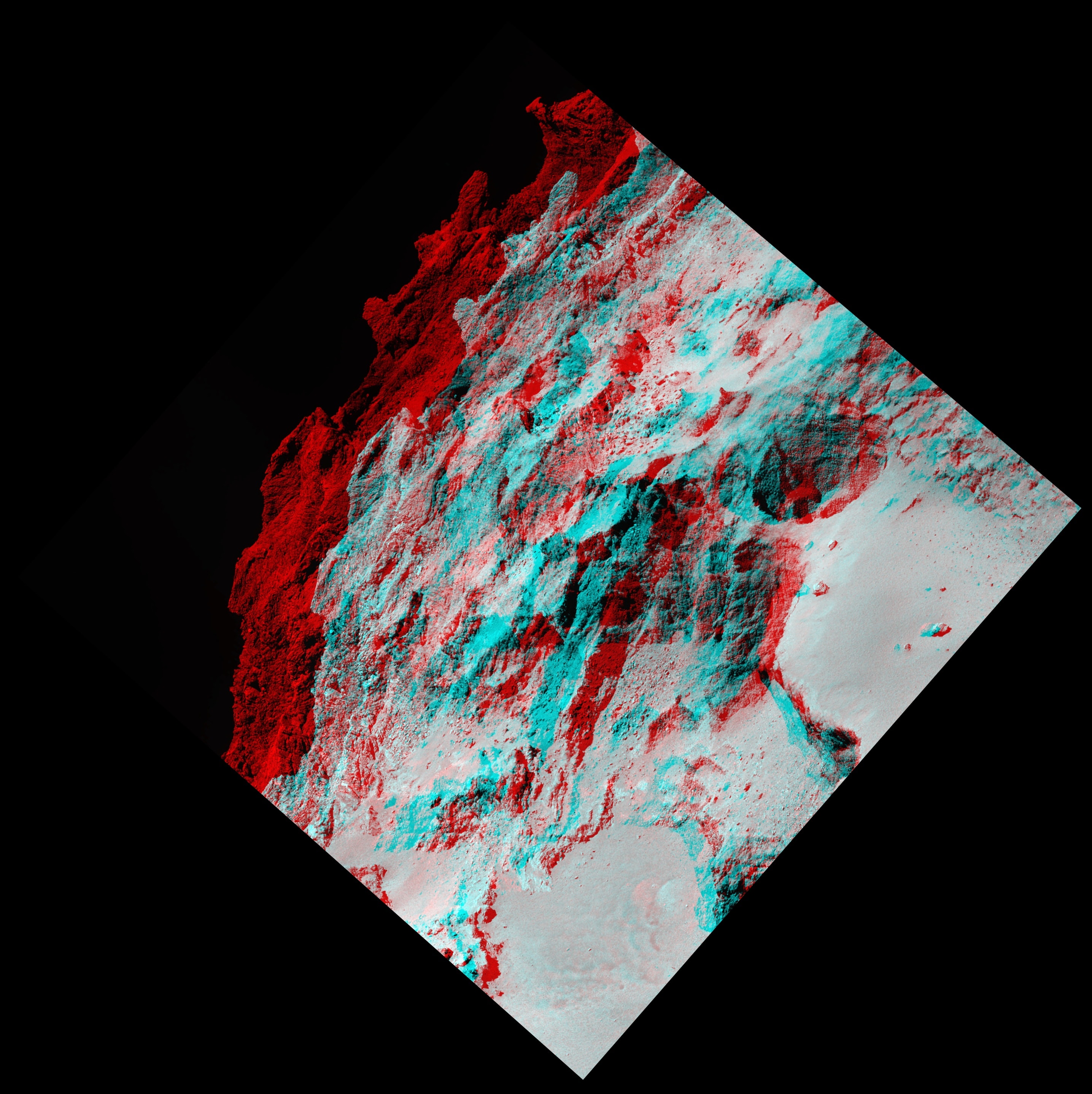 Get out your red/cyan glasses and gaze across the surface of Churyumov-Gerasimenko, aka Comet 67P. The stereo anaglyph was created by combining two images from the Rosetta spacecraft's narrow angle OSIRIS camera taken on September 22, 2014. Stark and jagged, the 3D landscape is found along the Seth region of the comet's double-lobed nucleus. It spans about 985 x 820 meters, pocked by circular ridges, depressions, and flattened areas strewn with boulders and debris. The large steep-walled circular pit in the foreground is 180 meters in diameter. Rosetta's mission to the comet ended in September 2016 when the spacecraft was commanded to a controlled impact with the comet's surface.