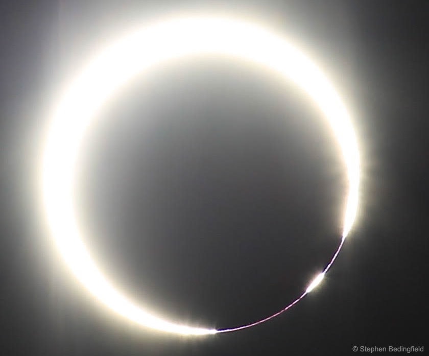 What kind of eclipse is this? On Sunday, visible in parts of Earth's southern hemisphere, the Moon blocked part of the Sun during a partial solar eclipse. In some locations, though, the effect was a rare type of partial eclipse called an annular eclipse. There, since the Moon is too far from the Earth to block the entire Sun, sunlight streamed around the edges of the Moon creating a "ring of fire". At some times, though, the effect was a rare type of annular eclipse. Then, an edge of the Moon nearly aligned with an edge of the Sun, allowing sunlight to stream through only low areas on the Moon.  Called a "Baily's bead" or a "diamond ring", this doubly rare effect was captured Sunday in the feature photograph from Chubut, Argentina, in South America. This summer a total solar eclipse will swoop across North America.   Almost Hyperspace: Random APOD Generator