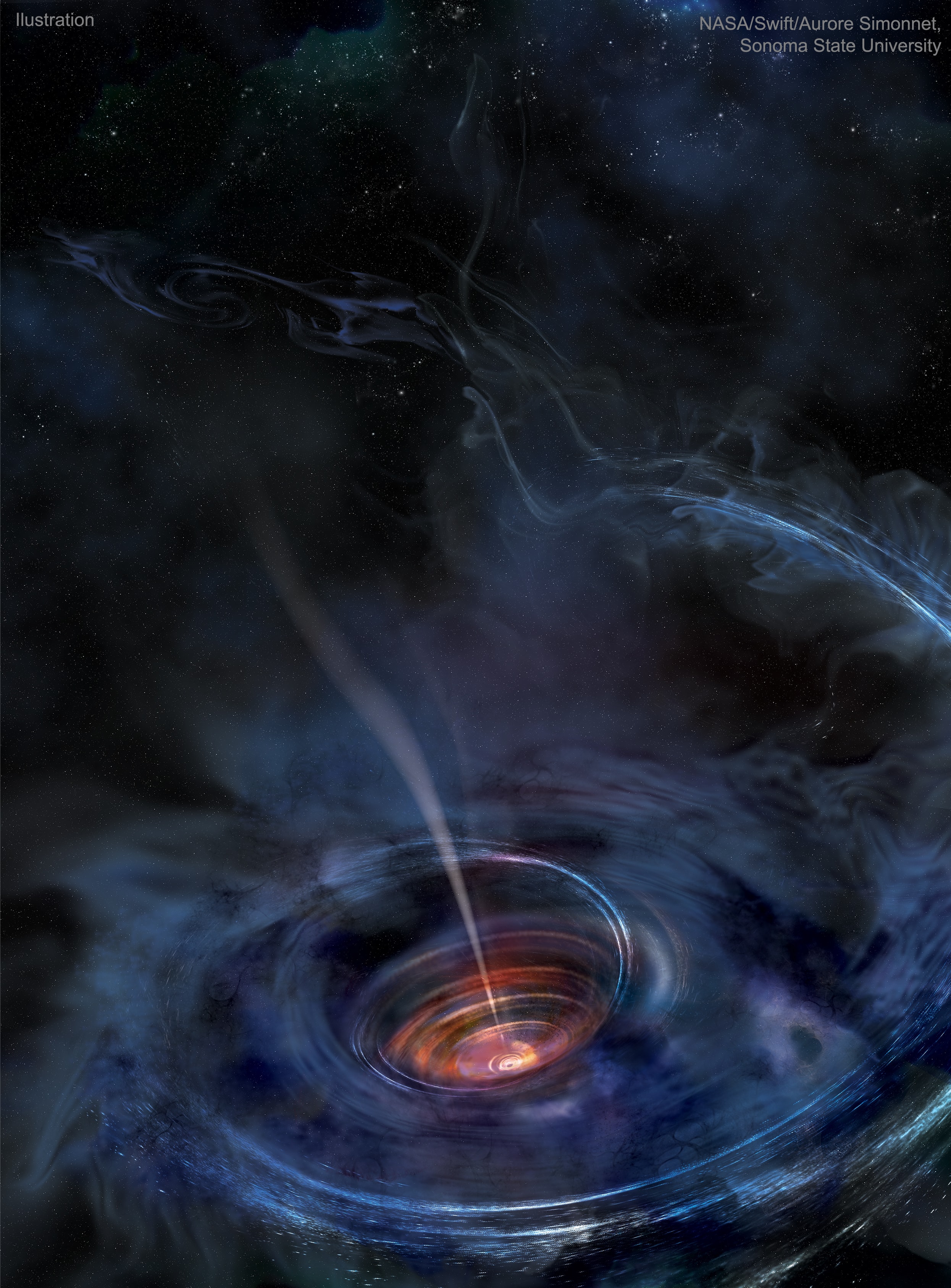 What happens when a black hole devours a star?  Many details remain unknown, but recent observations are providing new clues. In 2014, a powerful explosion was recorded by the ground-based robotic telescopes of the All Sky Automated Survey for SuperNovae (ASAS-SN) project, and followed up by instruments including NASA's Earth-orbiting Swift satellite. Computer modeling of these emissions fit a star being ripped apart by a distant supermassive black hole.  The results of such a collision are portrayed in the featured artistic illustration. The black hole itself is a depicted as a tiny black dot in the center. As matter falls toward the hole, it collides with other matter and heats up. Surrounding the black hole is an accretion disk of hot matter that used to be the star, with a jet emanating from the black hole's spin axis.