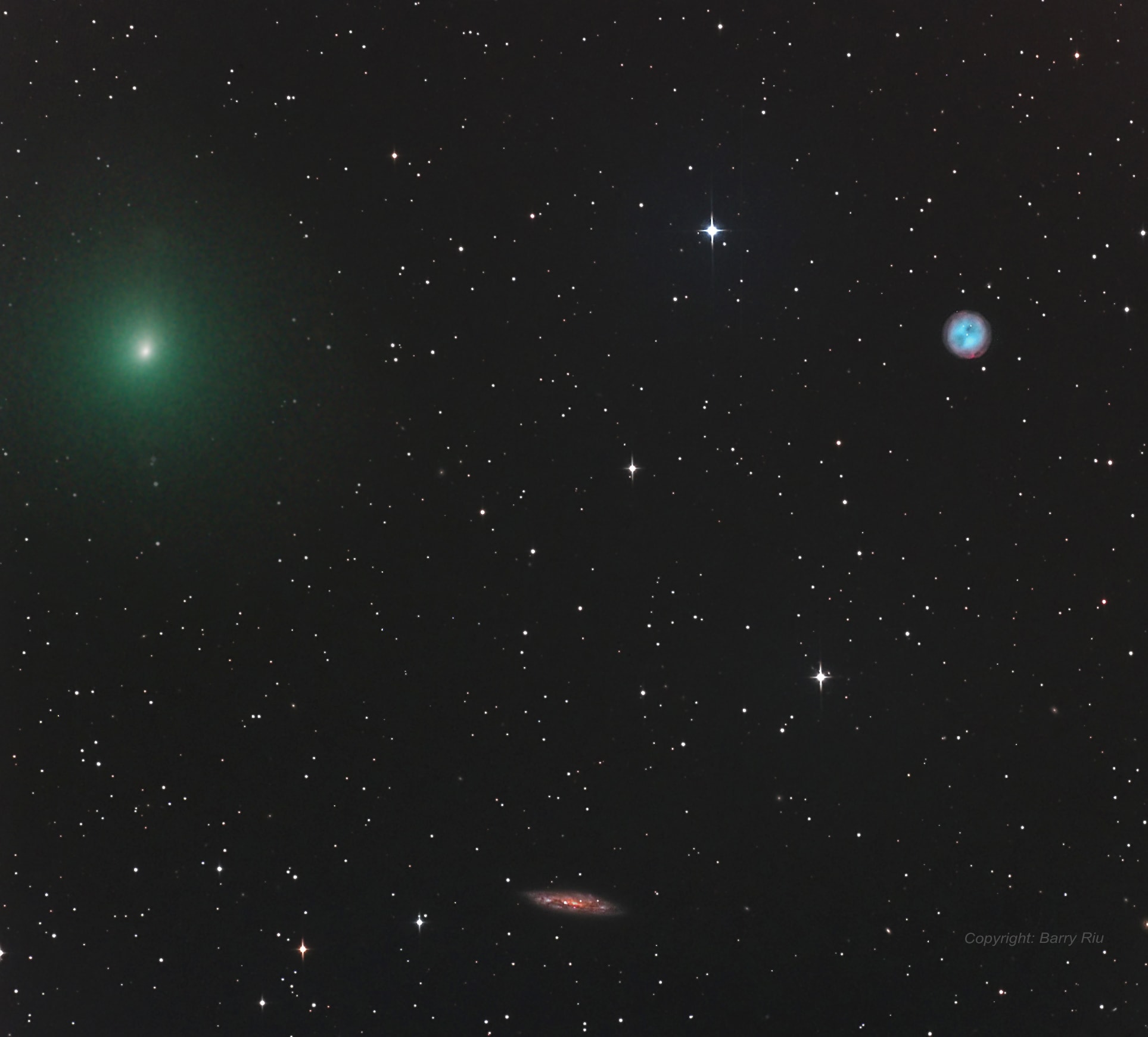 Comet 41P/Tuttle-Giacobini-Kresak poses for a Messier moment in this telescopic snapshot from March 21. In fact it shares the 1 degree wide field-of-view with two well-known entries in the 18th century comet-hunting astronomer's famous catalog. Sweeping through northern springtime skies just below the Big Dipper, the faint greenish comet was about 75 light-seconds from our fair planet. Dusty, edge-on spiral galaxy Messier 108 (bottom center) is more like 45 million light-years away. At upper right, the planetary nebula with an aging but intensely hot central star, the owlish Messier 97 is only about 12 thousand light-years distant though, still well within our own Milky Way galaxy. Named for its discoverer and re-discoverers, this faint periodic comet was first sighted in 1858 and not again until 1907 and 1951. Matching orbit calculations indicated that the same comet had been observed at widely separated times.  Nearing its best apparition and closest approach to Earth in over 100 years on April 1, comet 41P orbits the Sun with a period of about 5.4 years.