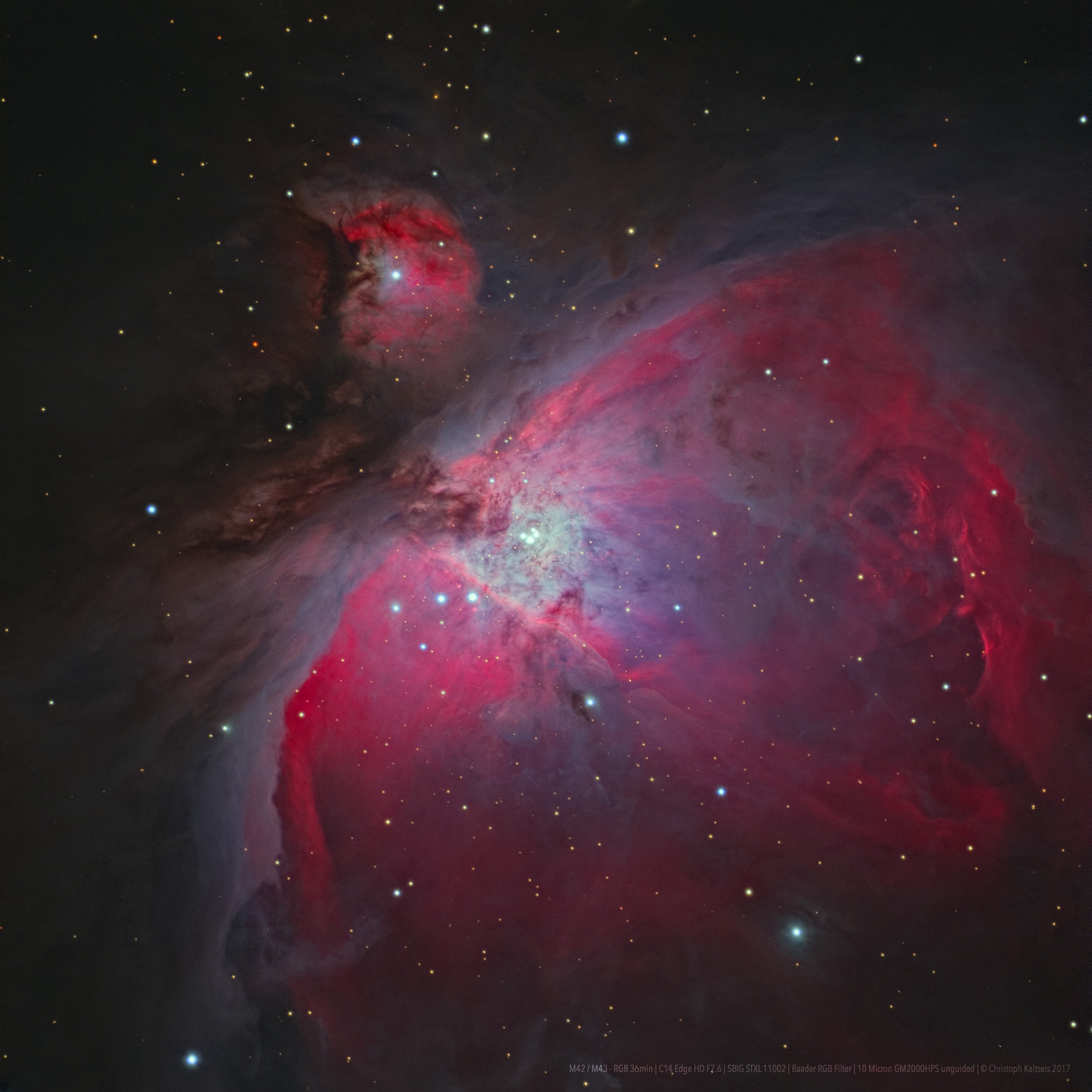Near the center of this sharp cosmic portrait, at the heart of the Orion Nebula, are four hot, massive stars known as the Trapezium. Tightly gathered within a region about 1.5 light-years in radius, they dominate the core of the dense Orion Nebula Star Cluster. Ultraviolet ionizing radiation from the Trapezium stars, mostly from the brightest star Theta-1 Orionis C powers the complex star forming region's entire visible glow. About three million years old, the Orion Nebula Cluster was even more compact in its younger years and a dynamical study indicates that runaway stellar collisions at an earlier age may have formed a black hole with more than 100 times the mass of the Sun. The presence of a black hole within the cluster could explain the observed high velocities of the Trapezium stars. The Orion Nebula's distance of some 1,500 light-years would make it the closest known black hole to planet Earth.