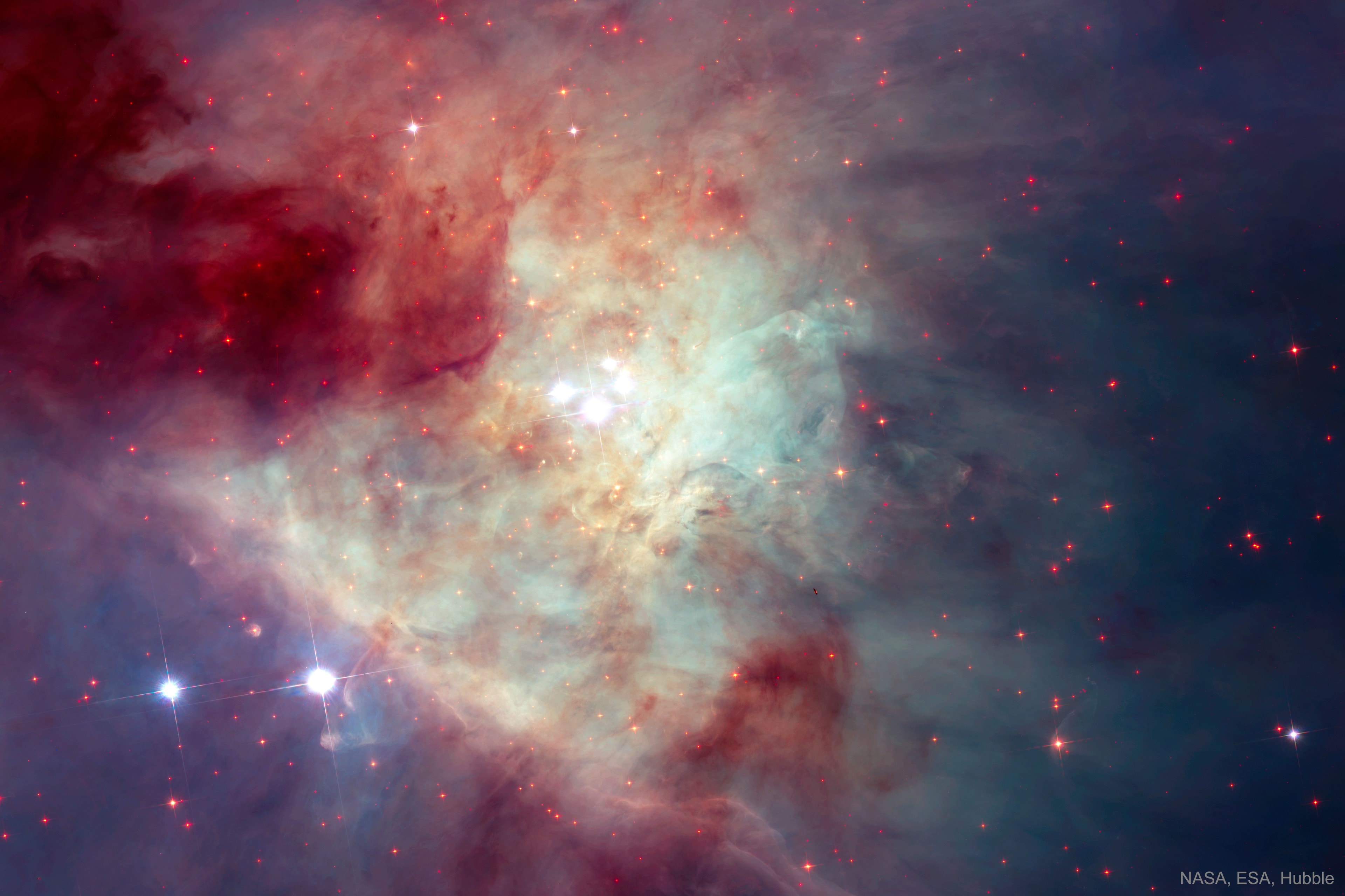 Start with the constellation of Orion.  Below Orion's belt is a fuzzy area known as the Great Nebula of Orion.  In this nebula is a bright star cluster known as the Trapezium, marked by four bright stars near the image center. The newly born stars in the Trapezium and surrounding regions show the Orion Nebula to be one of the most active areas of star formation to be found in our area of the Galaxy. In Orion, supernova explosions and close interactions between stars have created rogue planets and stars that rapidly move through space. Some of these fast stars have been found by comparing different images of this region taken by the Hubble Space Telescope many years apart. Many of the stars in the featured image, taken in visible and near-infrared light, appear unusually red because they are seen through dust that scatters away much of their blue light.