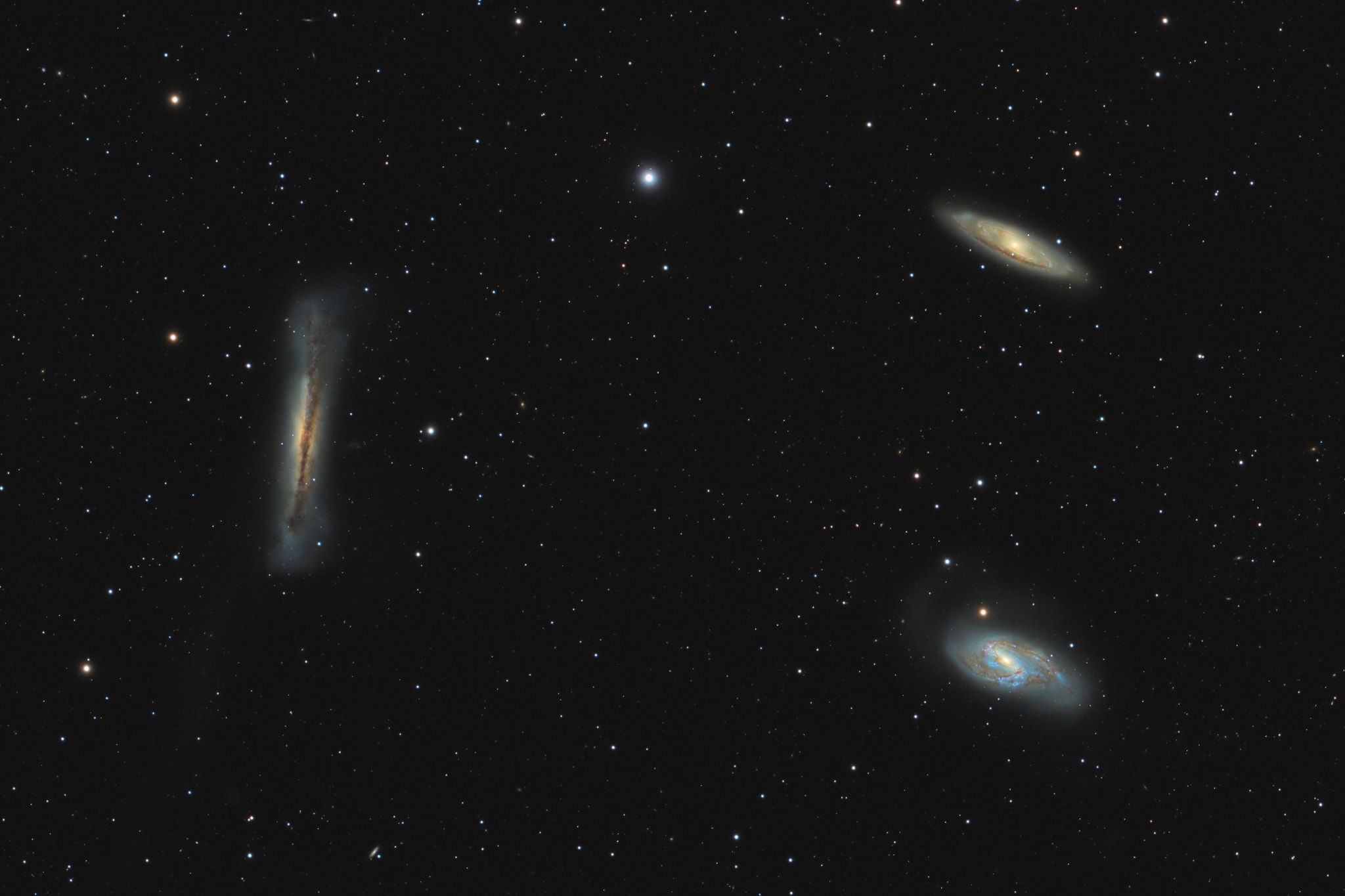 This group is popular in the northern spring. Famous as the Leo Triplet, the three magnificent galaxies gather in one field of view. Crowd pleasers when imaged with even modest telescopes, they can be introduced individually as NGC 3628 (left), M66 (bottom right), and M65 (top). All three are large spiral galaxies but they tend to look dissimilar because their galactic disks are tilted at different angles to our line of sight. NGC 3628 is seen edge-on, with obscuring dust lanes cutting across the plane of the galaxy, while the disks of M66 and M65 are both inclined enough to show off their spiral structure.  Gravitational interactions between galaxies in the group have also left telltale signs, including the warped and inflated disk of NGC 3628 and the drawn out spiral arms of M66. This gorgeous view of the region spans about one degree (two full moons) on the sky. The field covers over 500 thousand light-years at the trio's estimated distance of 30 million light-years.