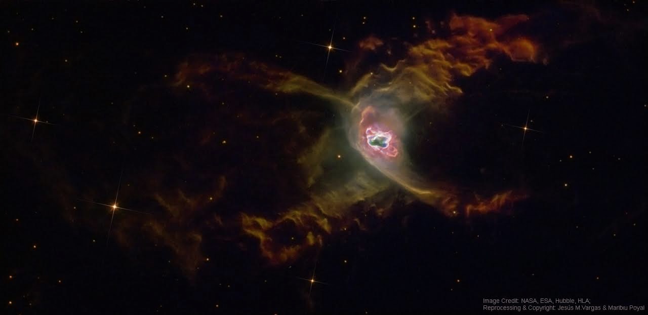 Oh what a tangled web a planetary nebula can weave.  The Red Spider Planetary Nebula shows the complex structure that can result when a normal star ejects its outer gases and becomes a white dwarf star. Officially tagged NGC 6537, this two-lobed symmetric planetary nebula houses one of the hottest white dwarfs ever observed, probably as part of a binary star system.  Internal winds emanating from the central stars, visible in the center, have been measured in excess of 1000 kilometers per second. These winds expand the nebula, flow along the nebula's walls, and cause waves of hot gas and dust to collide.  Atoms caught in these colliding shocks radiate light shown in the above representative-color picture by the Hubble Space Telescope.  The Red Spider Nebula lies toward the constellation of the Archer (Sagittarius).  Its distance is not well known but has been estimated by some to be about 4,000 light-years.    Follow APOD on: Facebook,  Google Plus,  Instagram, or Twitter