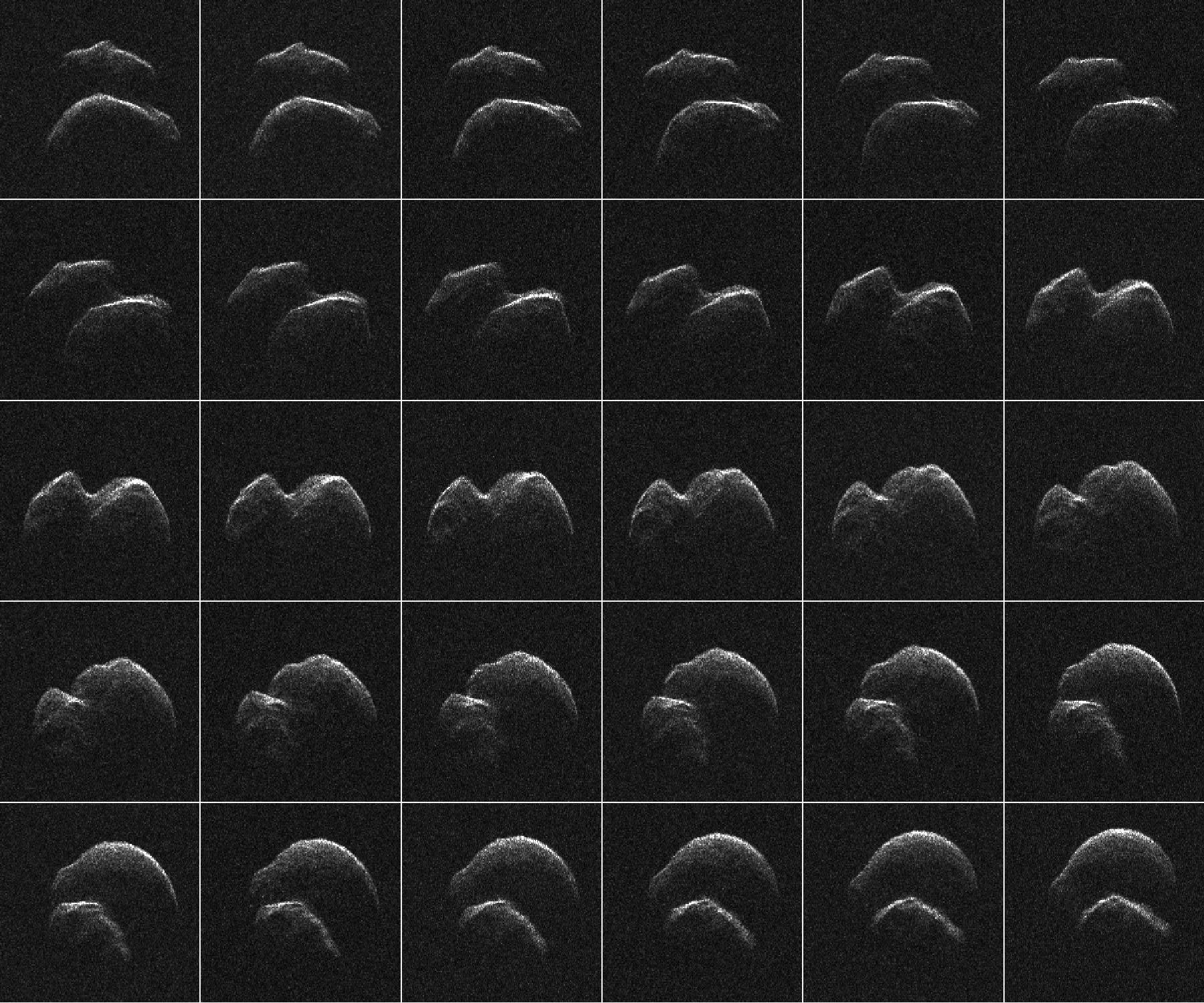 A day before its closest approach, asteroid 2014 JO25 was imaged by radar with the 70-meter antenna of NASA's Goldstone Deep Space Communications Complex in California. This grid of 30 radar images, top left to lower right, reveals the two-lobed shape of the asteroid that rotates about once every five hours. Its largest lobe is about 610 meters across. On the list of Potentially Hazardous Asteroids, this space rock made its close approach to our fair planet on April 19, flying safely past at a distance of 1.8 million kilometers. That's over four times the distance from the Earth to the Moon. The asteroid was a faint and fast moving speck visible in backyard telescopes. Asteroid 2014 JO25 was discovered in May 2014 by A. D. Grauer of the Catalina Sky Survey, a project of NASA's Near-Earth Objects Observations Program in collaboration with the University of Arizona.