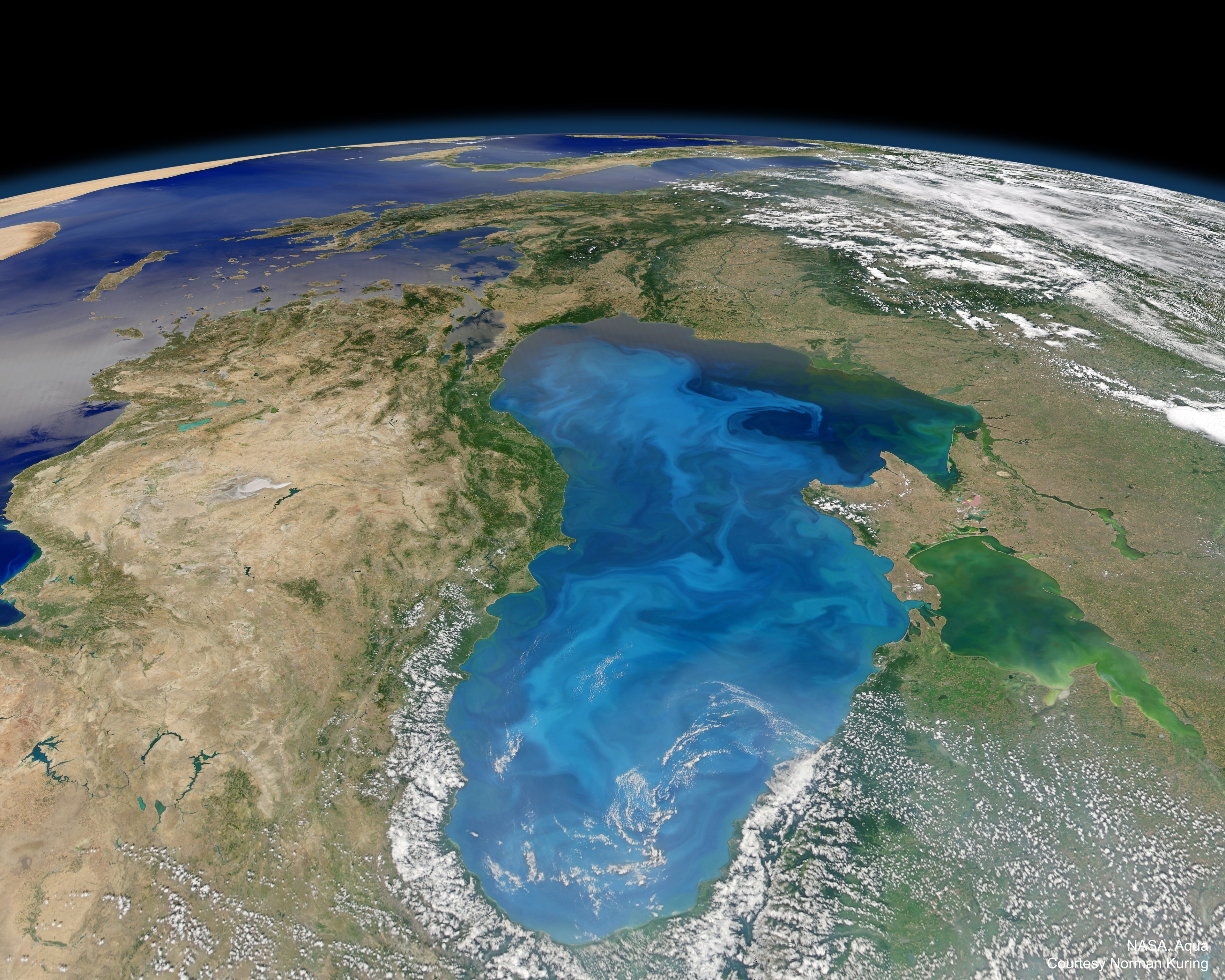 Trillions have died in the Earth's seas. Calcified shields of the dead already make up the white cliffs of Dover. The battle between ball-shaped light-colored single-celled plants -- phytoplankton called coccolithophores -- and even smaller, diamond-shaped viruses dubbed coccolithoviruses -- has raged for tens of millions of years.  To help fight this battle, the coccolithophores create their chalky armor by absorbing carbon dioxide from the atmosphere.  This battle is so epic that coccolithophores actually remove a significant fraction of Earth's atmospheric carbon dioxide, bolstering the breathability of air for animals including humans. Pictured in this 2012 image from NASA's Aqua satellite, the Black Sea was turned light blue by coccolithophore blooms.    Explore the Universe: Random APOD Generator