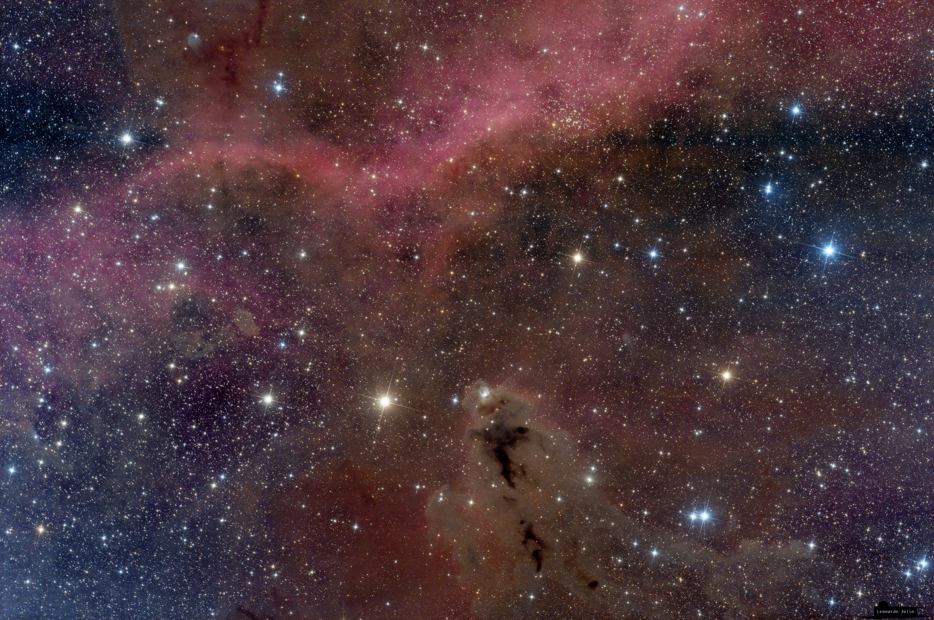 The silhouette of an intriguing dark nebula inhabits this cosmic scene. Lynds' Dark Nebula (LDN) 1622 appears below center against a faint background of glowing hydrogen gas only easily seen in long telescopic exposures of the region. LDN 1622 lies near the plane of our Milky Way Galaxy, close on the sky to Barnard's Loop - a large cloud surrounding the rich complex of emission nebulae found in the Belt and Sword of Orion. Arcs along a segment of Barnard's loop stretch across the top of the frame. But the obscuring dust of LDN 1622 is thought to be much closer than Orion's more famous nebulae, perhaps only 500 light-years away. At that distance, this 1 degree wide field of view would span less than 10 light-years.