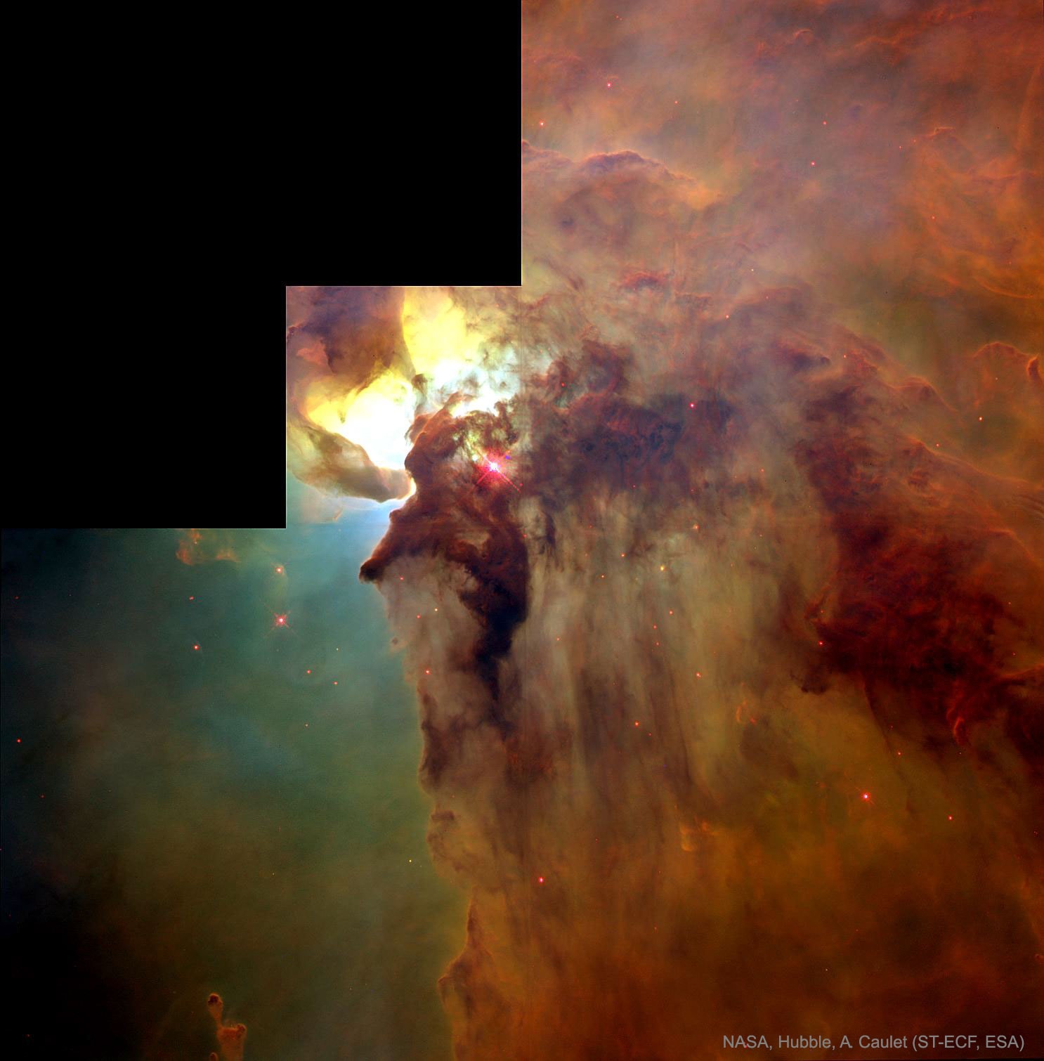 The center of the Lagoon Nebula is a whirlwind of spectacular star formation. Visible on the lower left, at least two long funnel-shaped clouds, each roughly half a light-year long, have been formed by extreme stellar winds and intense energetic starlight.  The tremendously bright nearby star, Hershel 36, lights the area.  Vast walls of dust hide and redden other hot young stars.  As energy from these stars pours into the cool dust and gas, large temperature differences in adjoining regions can be created generating shearing winds which may cause the funnels.  This picture, spanning about 5 light years, was taken in 1995 by the orbiting Hubble Space Telescope.  The Lagoon Nebula, also known as M8, lies about 5000 light years distant toward the constellation of Sagittarius.   Follow APOD on: Facebook,  Google Plus,  Instagram, or Twitter