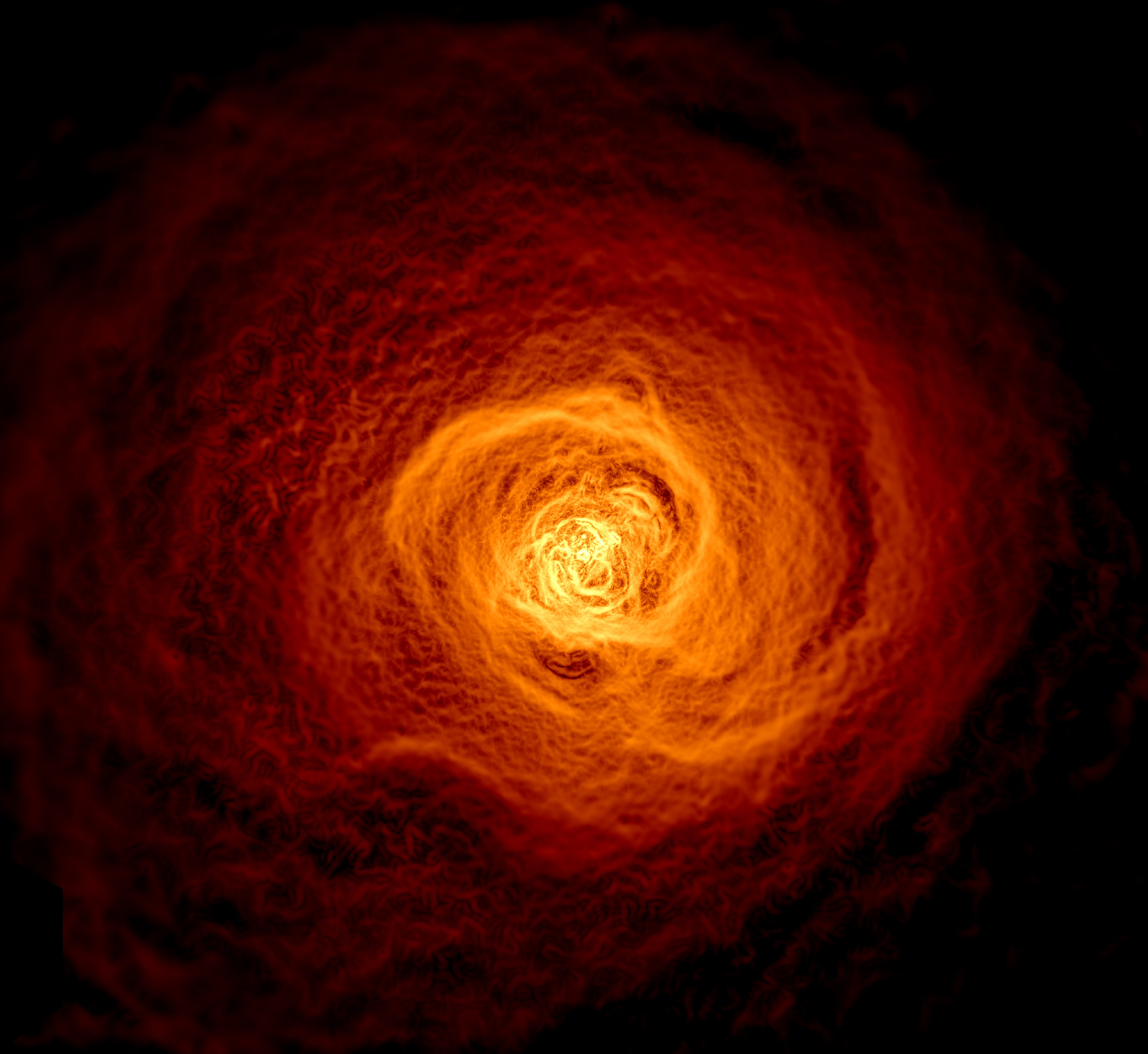 The cosmic swirl and slosh of giant waves in an enormous reservoir of glowing hot gas are traced in this enhanced X-ray image from the Chandra Observatory. The frame spans over 1 million light-years across the center of the nearby Perseus Galaxy Cluster, some 240 million light-years distant. Like other clusters of galaxies, most of the observable mass in the Perseus cluster is in the form of the cluster-filling gas. With temperatures in the tens of millions of degrees, the gas glows brightly in X-rays. Computer simulations can reproduce details of the structures sloshing through the Perseus cluster's X-ray hot gas, including the remarkable concave bay seen below and left of center. About 200,000 light-years across, twice the size of the Milky Way, the bay's formation indicates that Perseus itself was likely grazed by a smaller galaxy cluster billions of years ago.