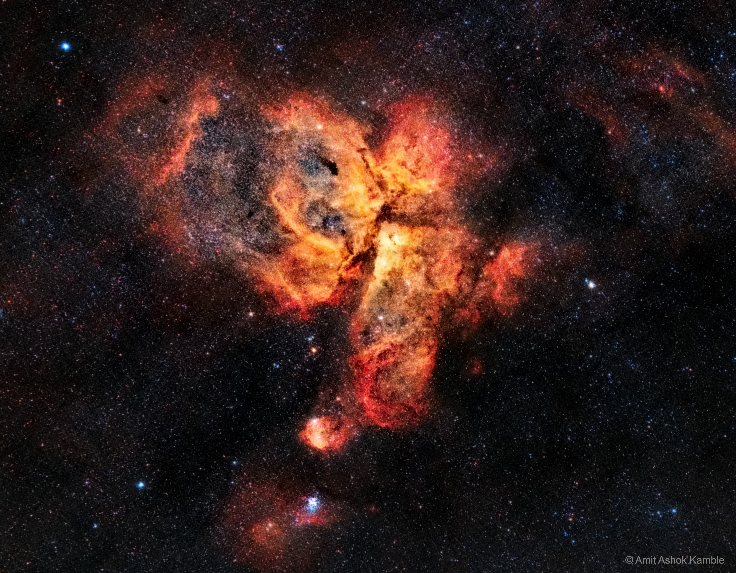 In one of the brightest parts of Milky Way lies a nebula where some of the oddest things occur. NGC 3372, known as the Great Nebula in Carina, is home to massive stars and changing nebulas. The Keyhole Nebula (NGC 3324), the bright structure just to the right of the image center, houses several of these massive stars and has itself  changed its appearance. The entire Carina Nebula, captured here, spans over 300 light years and lies about 7,500 light-years away in the constellation of Carina.   Eta Carinae, the most energetic star in the nebula, was one of the brightest stars in the sky in the 1830s, but then faded dramatically. While Eta Carinae itself maybe on the verge of a supernova explosion, X-ray images indicate that much of the Great Nebula in Carina has been a veritable supernova factory.   Free Presentation: APOD Editor to speak in Prague on June 30