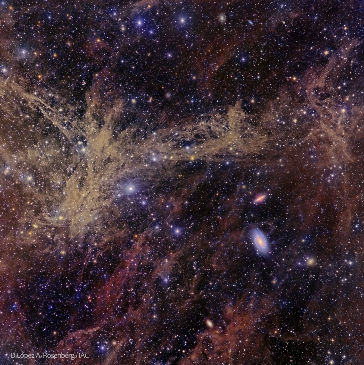Distant galaxies and nearby nebulas highlight this deep image of the M81 Group of galaxies.  First and foremost in this 80-exposure mosaic is the grand design spiral galaxy M81, the largest galaxy in the image, visible on the lower right. M81 is gravitationally interacting with M82 just above it, a large galaxy with an unusual halo of filamentary red-glowing gas.  Around the image many other galaxies from the M81 Group of galaxies can be seen, as well as many foreground Milky Way stars.  This whole galaxy menagerie is seen through the glow of an Integrated Flux Nebula (IFN), a vast and complex screen of diffuse gas and dust also in our Milky Way Galaxy. Details of the red and yellow IFN, digitally enhanced, were imaged by a new wide-field camera recently installed at the Teide Observatory in the Canary Islands of Spain.   Free Presentation (with Czech translation): APOD Editor to speak in Prague on June 30