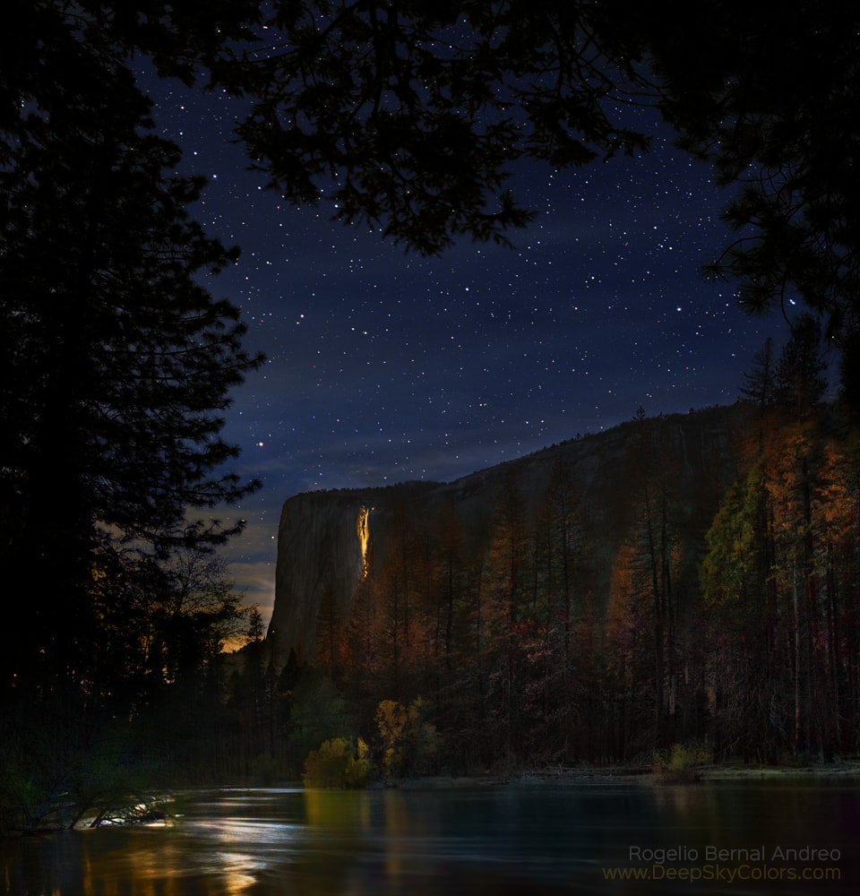 On certain dates in February, an elusive firefall can be spotted at sunset in Yosemite National Park, when the weather cooperates and the direction to the setting Sun is just right. Often photographed from vantage points below, at the right moment the park's seasonal Horsetail Fall is isolated in the shadows of the steep walls of El Capitan. Then, still illuminated with rays of sunlight reflected by the angled rockface directly behind the flow, the waterfall briefly takes on a dramatic, fiery appearance. The Horsetail firefall is more rarely photographed at moonset under a starry night sky, though. Even more elusive by moonlight, the firefall effect can also be seen when skies are clear and a bright Moon sets at the right direction along the western horizon. Skies were clear and stars were shining for this well-planned photograph of the Horsetail firefall lit by a gibbous Moon setting in the early morning hours of May 9.
