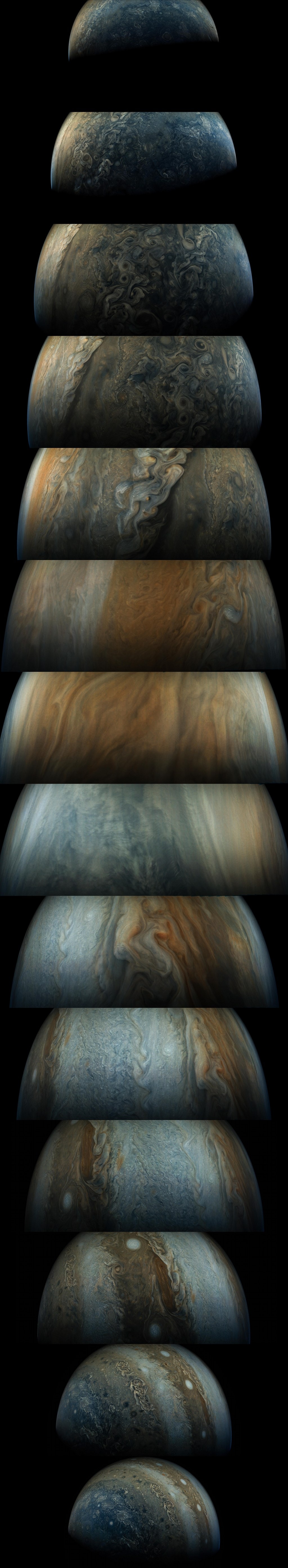 On May 19, the Juno spacecraft once again swung by Jupiter in its looping 53 day orbit around the Solar System's ruling gas gaint. Beginning at the top, this vertical 14 frame sequence of enhanced-color JunoCam images follows the spacecraft's rapidly changing perspective during its two hour passage. They look down on Jupiter's north polar region, equatorial, and south polar region (bottom images). With the field-of-view shrinking, the seventh and eighth images in the sequence are close-up. Taken only 4 minutes apart above Jupiter's equator they were captured just before the spacecraft reached perijove 6, its closest approach to Jupiter on this orbit. Final images in the sequence pick up white oval storm systems, Jupiter's "String of Pearls", and the south polar region from the outward bound spacecraft.