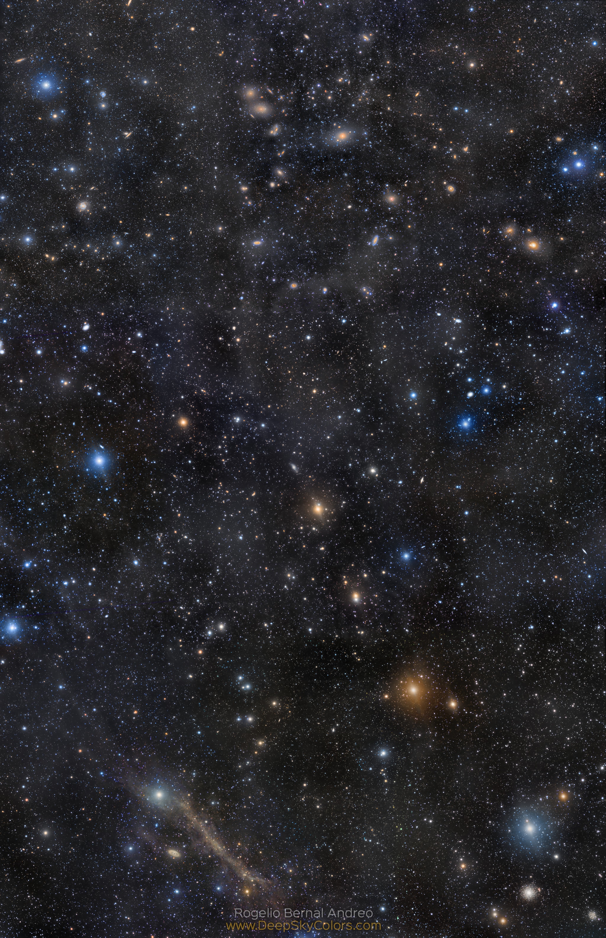 Top to bottom, this colorful and broad telescopic mosaic links Markarian's Chain of galaxies across the core of the Virgo Cluster to dusty spiral galaxy Messier 64. Galaxies are scattered through the field of view that spans some 20 full moons across a gorgeous night sky. The cosmic frame is also filled with foreground stars from constellations Virgo and the well-groomed Coma Berenices, and faint, dusty nebulae drifting above the plane of the Milky Way. Look carefully for Markarian's eyes. The famous pair of interacting galaxies is near the top, not far from M87, the Virgo cluster's giant elliptical galaxy. At the bottom, you can stare down Messier 64, also known as the Black Eye Galaxy. The Virgo Cluster is the closest large galaxy cluster to our own local galaxy group. Virgo Cluster galaxies are about 50 million light-years distant, but M64 lies a mere 17 million light-years away.