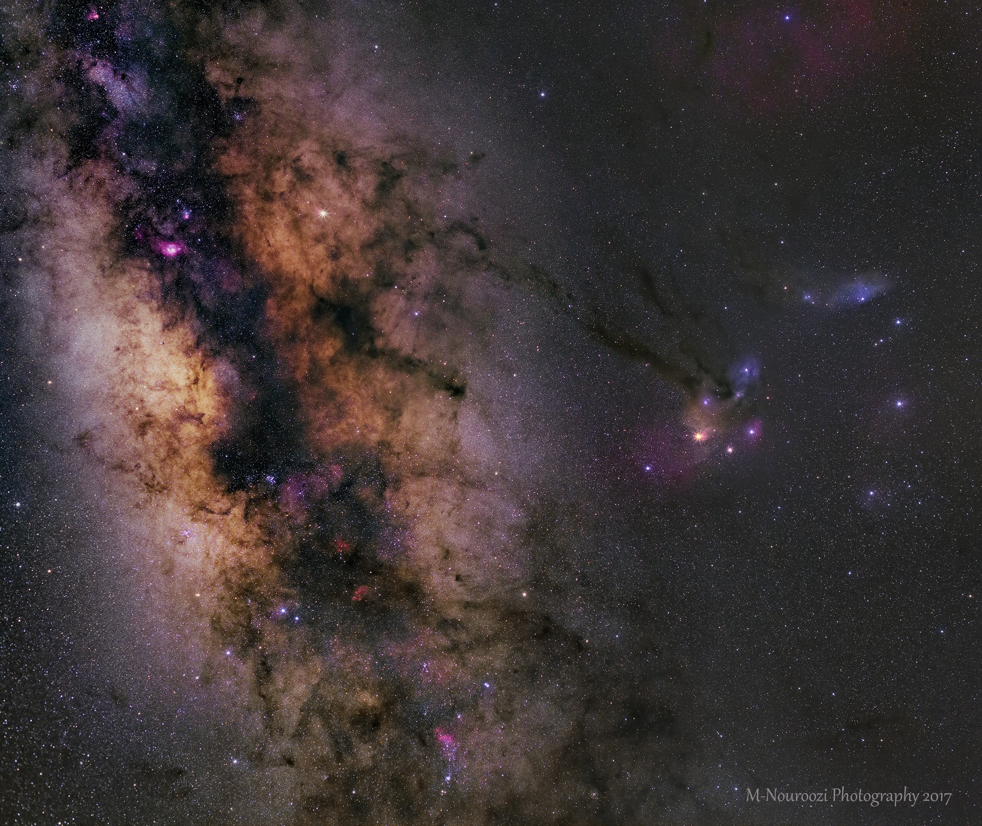 Saturn is near opposition in planet Earth's sky. Rising at sunset and shining brightly throughout the night, it also lies near a line-of-sight to crowded starfields, nebulae, and obscuring dust clouds along the Milky Way. Whitish Saturn is up and left of center in this gorgeous central Milky Way skyscape, a two panel mosaic recorded earlier this month. You can find the bright planet above the bowl of the dusty Pipe nebula, and just beyond the end of a dark river to Antares, alpha star of the constellation Scorpius. For now the best views of the ringed giant planet are from the Saturn-orbiting Cassini spacecraft, though.  Diving close, Cassini's Grand Finale orbit number 8 is in progress.
