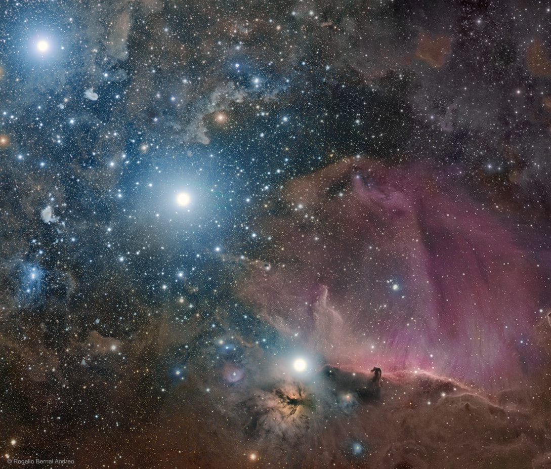 What surrounds the famous belt stars of Orion? A deep exposure shows everything from dark nebula to star clusters, all embedded in an extended patch of gaseous wisps in the greater Orion Molecular Cloud Complex.  The brightest three stars, appearing diagonally on the left of the featured image are indeed the famous three stars that make up the belt of Orion.  Just below Alnitak, the lowest of the three belt stars, is the Flame Nebula, glowing with excited hydrogen gas and immersed in filaments of dark brown dust.  Just to the right of Alnitak lies the Horsehead Nebula, a  dark indentation of dense dust that has perhaps the most recognized nebular shapes on the sky. The dark molecular cloud, roughly 1,500 light years distant, is cataloged as Barnard 33 and is seen primarily because it is backlit by the nearby massive star Sigma Orionis. The Horsehead Nebula will slowly shift its apparent shape over the next few million years and will eventually be destroyed by the high-energy starlight.