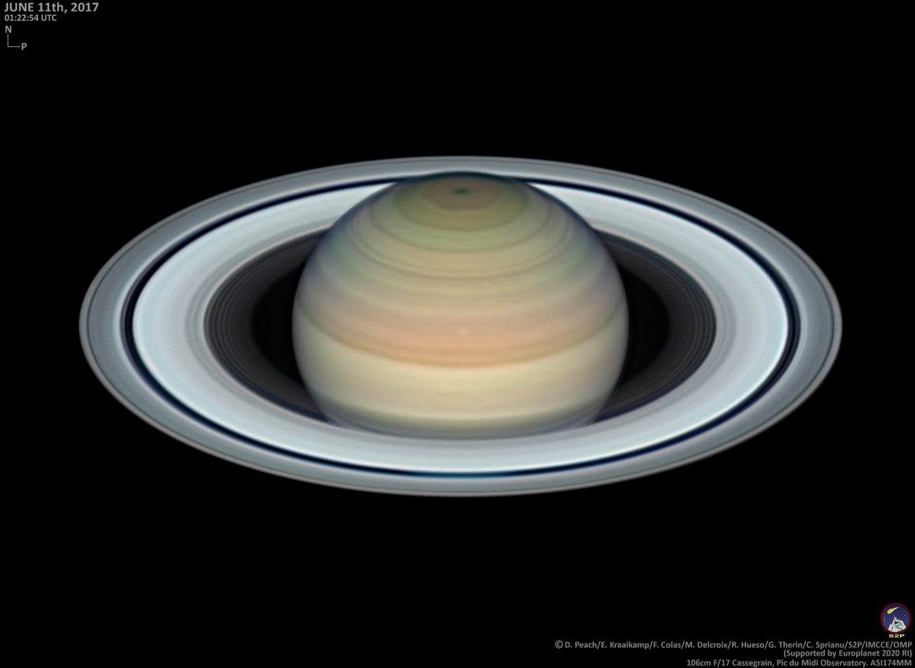 Saturn reached its 2017 opposition on June 16. Of course, opposition means opposite the Sun in Earth's sky and near opposition Saturn is up all night, at its closest and brightest for the year. This remarkably sharp image of the ringed planet was taken only days before, on June 11, with a 1-meter telescope from the mountain top Pic du Midi observatory. North is at the top with the giant planet's north polar storm and curious hexagon clearly seen bathed in sunlight. But Saturn's spectacular ring system is also shown in stunning detail. The narrow Encke division is visible around the entire outer A ring, small ringlets can be traced within the fainter inner C ring, and Saturn's southern hemisphere can be glimpsed through the wider Cassini division. Near opposition Saturn's rings also appear exceptionally bright, known as the opposition surge or Seeliger Effect. Directly illuminated from Earth's perspective, the ring's icy particles cast no shadows and strongly backscatter sunlight creating the dramatic increase in brightness. Still, the best views of the ringed planet are currently from the Saturn-orbiting Cassini spacecraft.  Diving close, Cassini's Grand Finale orbit number 9 is in progress.