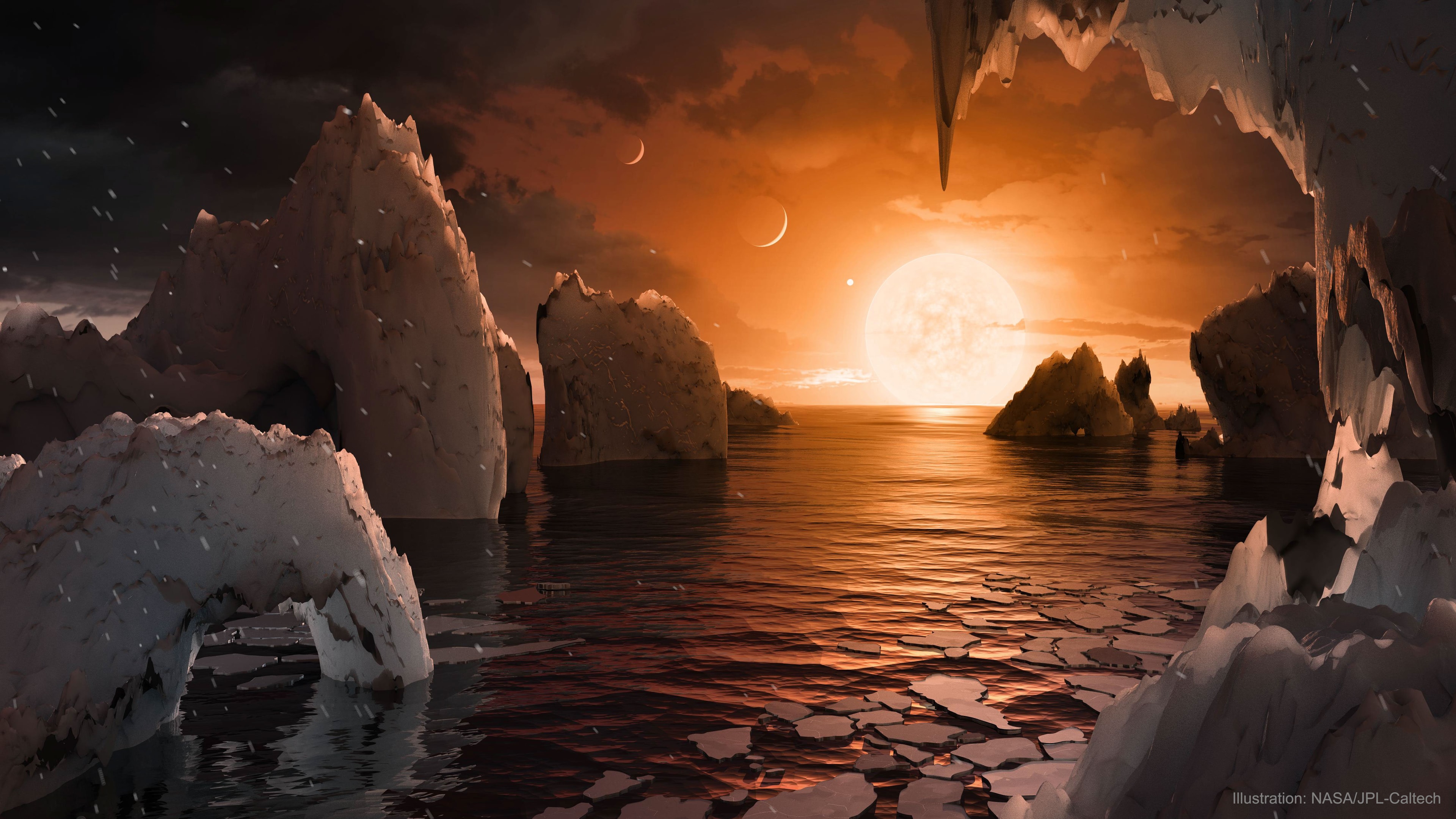 If you could stand on the surface of the newly discovered Earth-sized exoplanet TRAPPIST-1f, what would you see? Presently, no Earthling knows for sure, but the featured illustration depicts a reasoned guess based on observational data taken by NASA's Sun-orbiting Spitzer Space Telescope. In 2017, four more Earth-sized planets were found by Spitzer, including TRAPPIST-1f, in addition to three discovered in 2015 from the ground.  From the planet's surface, near the mild terminator between night and day, you might see water, ice, and rock on the ground, while water-based clouds might hover above. Past the clouds, the small central star TRAPPIST-1 would appear more red than our Sun, but angularly larger due to the close orbit. With seven known Earth-sized planets -- many of which pass near each other -- the TRAPPIST-1 system is not only a candidate to have life, but intercommunicating life -- although a preliminary search has found no obvious transmissions.