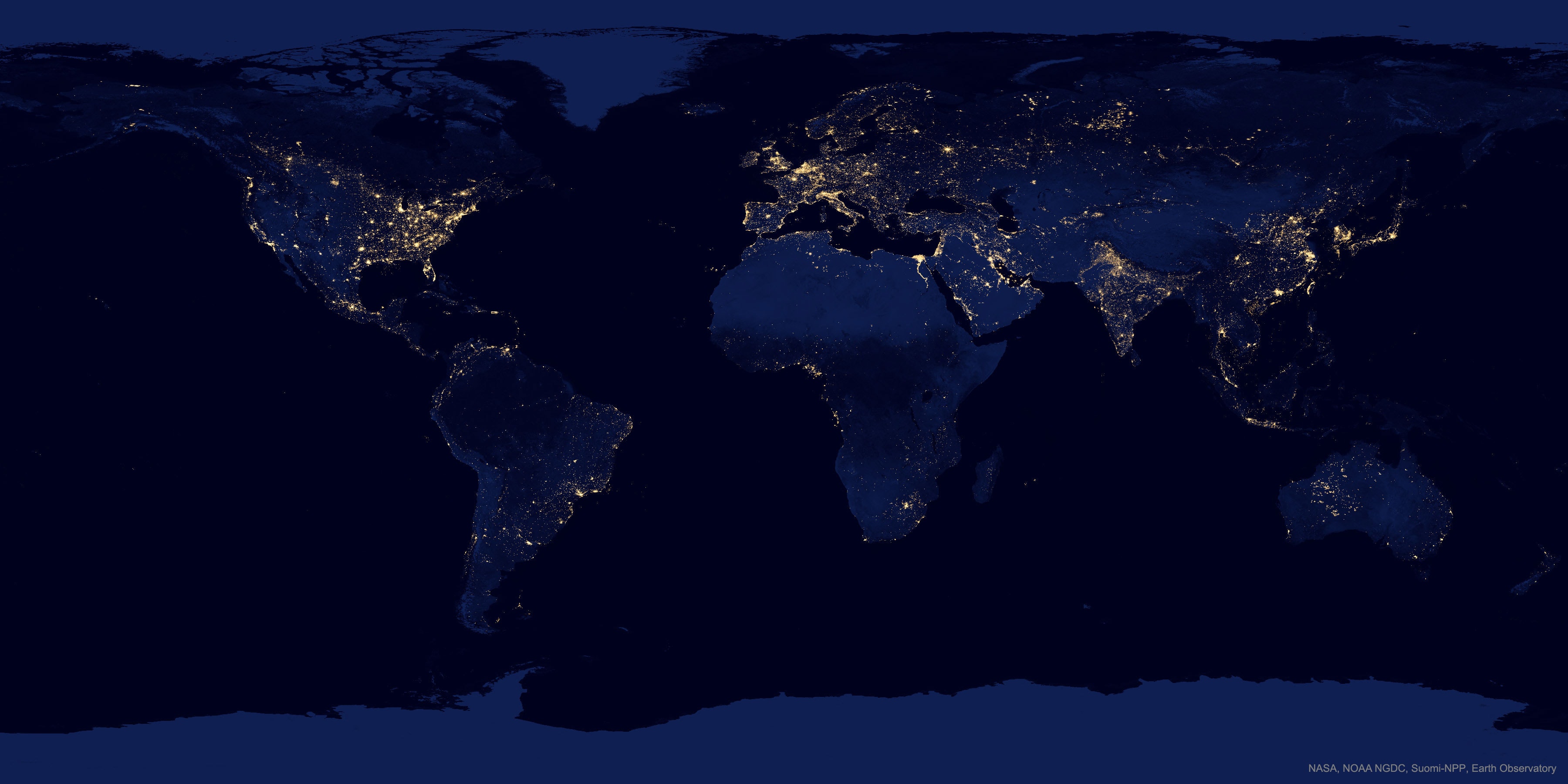Can you find your favorite country or city?  Surprisingly, on this world-wide nightscape, city lights make this task quite possible.  Human-made lights highlight particularly developed or populated areas of the Earth's surface, including the seaboards of Europe, the eastern United States, and Japan.  Many large cities are located near rivers or oceans so that they can exchange goods cheaply by boat.  Particularly dark areas include the central parts of South America, Africa, Asia, and Australia.  The featured composite was created from images that were collected during cloud-free periods in April and October 2012 by the Suomi-NPP satellite, from a polar orbit about 824 kilometers above the surface, using its Visible Infrared Imaging Radiometer Suite (VIIRS).