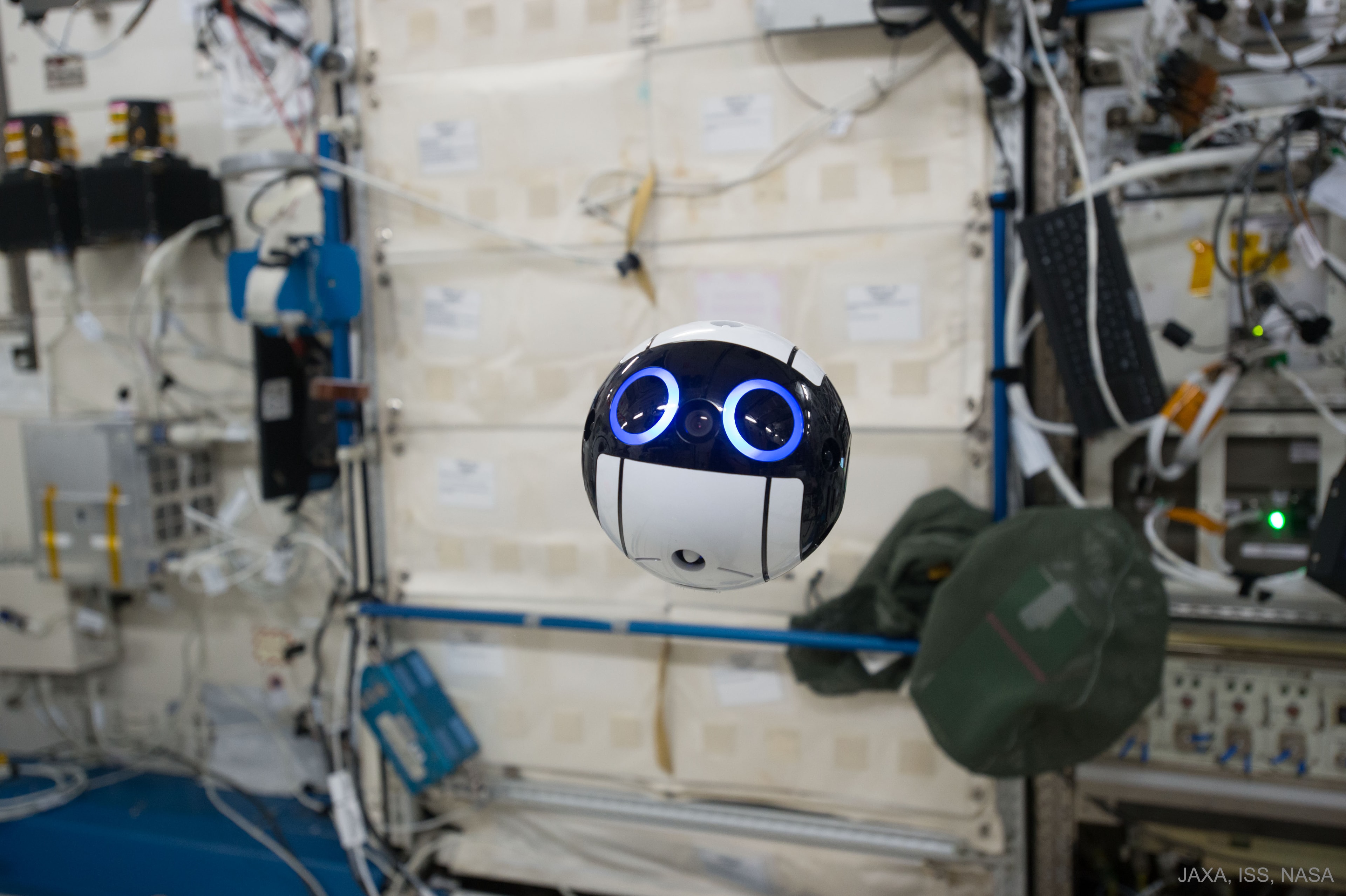 What if you were followed around by a cute floating ball that kept taking your picture? Then you might be an astronaut on today's International Space Station (ISS).  Designed by the Japan Aerospace Exploration Agency (JAXA), the JEM Internal Ball Camera -- informally "Int-Ball" -- is a bit larger than a softball, can float and maneuver by itself but also be controlled remotely, can take high resolution images and videos, and is not related to Hello Kitty.  Int-Ball was delivered to the ISS in early June and is designed to allow ground-control to increase the monitoring of ISS equipment and activities while decreasing time demands on human astronauts. Int-Ball moves by turning on small internal fans and sees with a camera located between its two dark eyes.