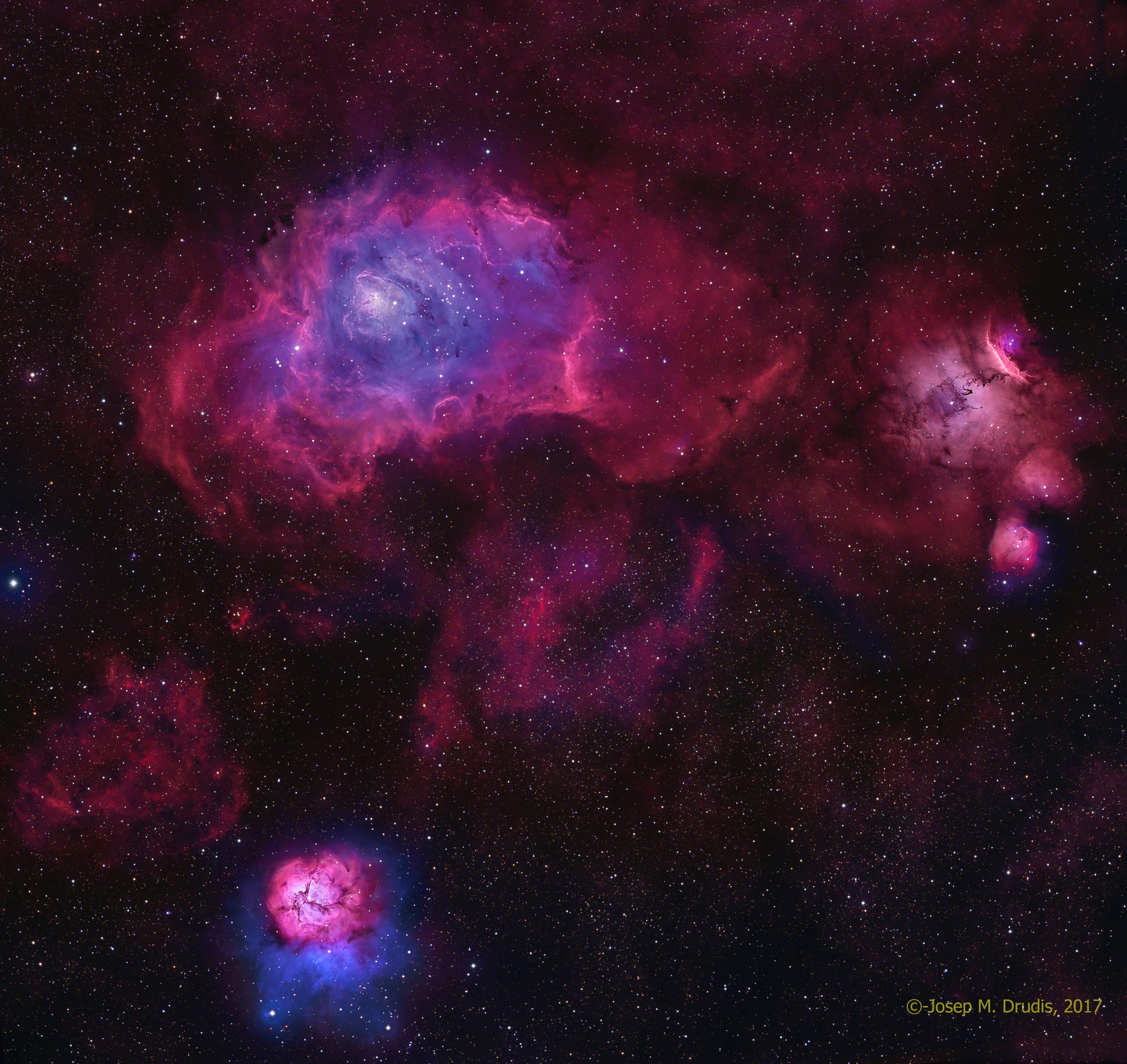 These three bright nebulae are often featured on telescopic tours of the constellation Sagittarius and the crowded starfields of the central Milky Way. In fact, 18th century cosmic tourist Charles Messier cataloged two of them; M8, the large nebula above and left of center, and colorful M20 near the bottom of the frame. The third emission region includes NGC 6559, right of M8 and separated from the larger nebula by a dark dust lane. All three are stellar nurseries about five thousand light-years or so distant. Over a hundred light-years across the expansive M8 is also known as the Lagoon Nebula. M20's popular moniker is the Trifid. Glowing hydrogen gas creates the dominant red color of the emission nebulae. In striking contrast, blue hues in the Trifid are due to dust reflected starlight. The colorful composite skyscape was recorded with two different telescopes to capture a widefield image of the area and individual close-ups at higher resolution.