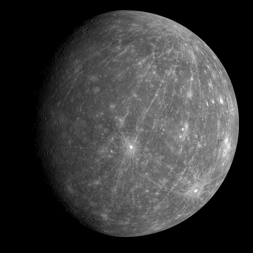 Mercury had never been seen like this before.  In 2008, the robotic MESSENGER spacecraft buzzed past Mercury for the second time and imaged terrain mapped previously only by comparatively crude radar.  The featured image was recorded as MESSENGER looked back 90 minutes after passing, from an altitude of about 27,000 kilometers. Visible in the image, among many other newly imaged features, are unusually long rays that appear to run like meridians of longitude out from a young crater near the northern limb.  MESSENGER entered orbit around Mercury in 2011 and finished its primary mission in 2012, but took detailed measurements until 2015, at which time it ran out of fuel and so was instructed to impact Mercury's surface.    New Moon Tonight: The next New Moon will block the Sun.