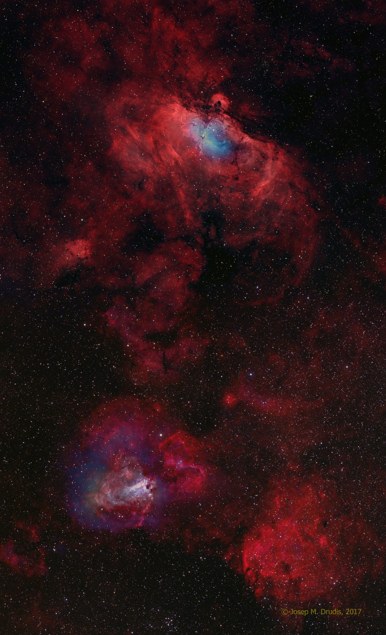 The Eagle Nebula and the Swan Nebula span this broad starscape, a telescopic view toward the Sagittarius spiral arm and the center of our Milky Way galaxy. The Eagle, also known as M16, is at top and M17, the Swan, at bottom of the frame showing the cosmic clouds as brighter regions of active star-formation. They lie along the spiral arm suffused with reddish emission charactistic of atomic hydrogen gas, and dusty dark nebulae. M17, also called the Omega Nebula, is about 5500 light-years away, while M16 is some 6500 light-years distant. The center of both nebulae are locations of well-known close-up images of star formation from the Hubble Space Telescope. In this mosaic image that extends about 3 degrees across the sky, narrowband, high-resultion image data has been used to enhance the central regions of the Eagle and Swan. The extended wings of the Eagle Nebula spread almost 120 light-years. The Swan is over 30 light-years across.