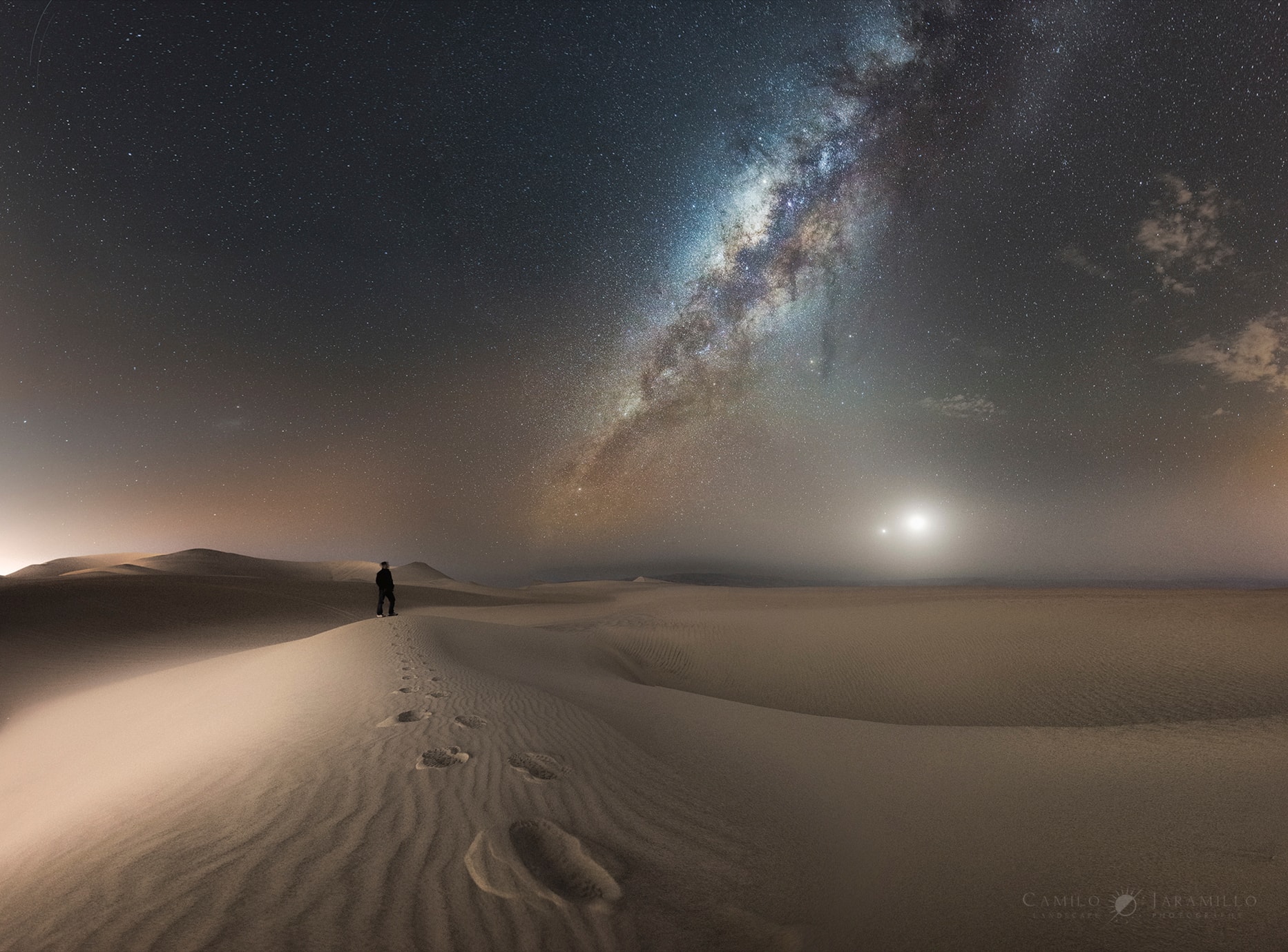A beautiful conjunction of Venus and Moon, human, sand, and Milky Way is depicted in this night skyscape from planet Earth. The scene is a panorama of 6 photos taken in a moment near the end of a journey. In the foreground, footsteps along the wind-rippled dunes are close to the Huacachina oasis in the southwestern desert of Peru. An engaging perspective on the world at night, the stunning final image was also chosen as a winner in The World at Night's 2017 International Earth and Sky Photo Contest.  Mission: Farewell Cassini
