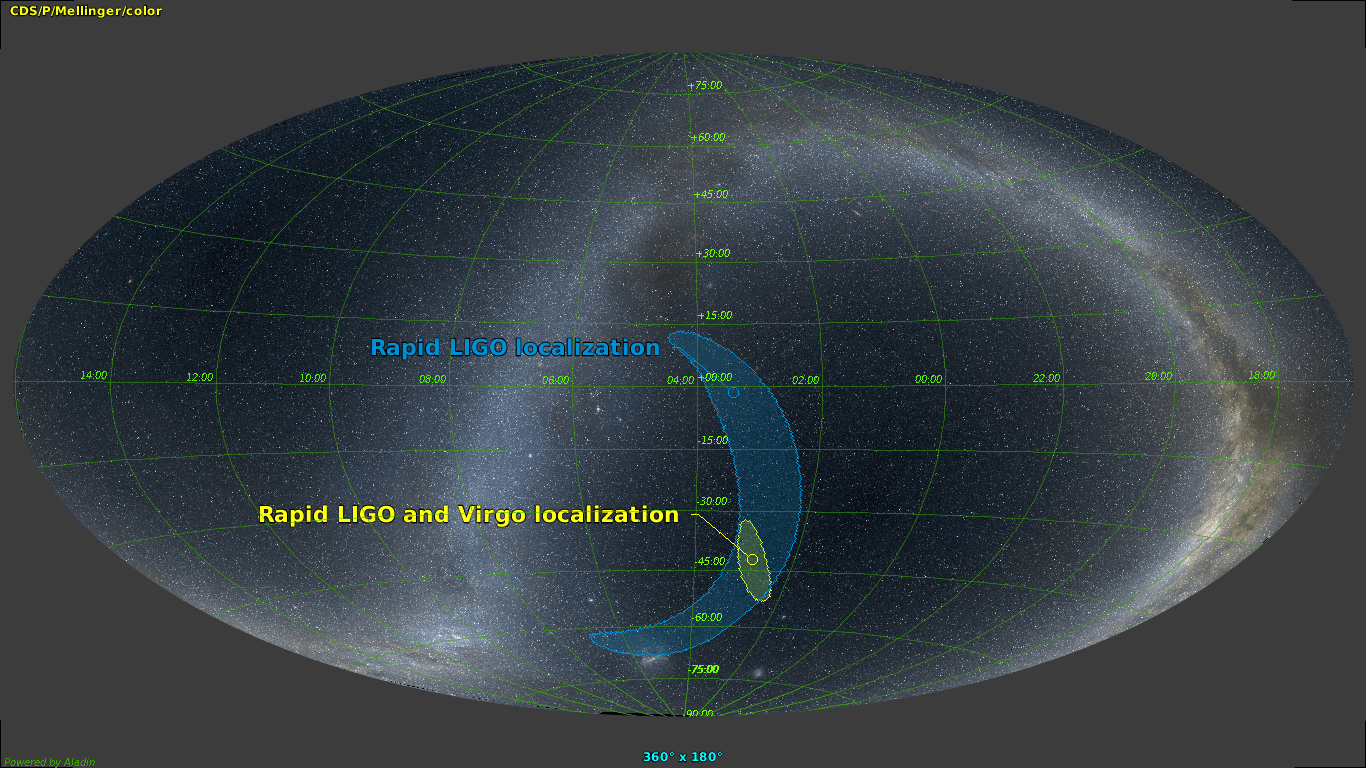 From around planet Earth three gravitational wave detectors have now reported a joint detection of ripples in spacetime, the fourth announced detection of a binary black hole merger in the distant Universe. The event was recorded on 2017 August 14, and so christened GW170814, by the LIGO observatory sites in Hanford, Washington and Livingston, Louisiana, and the more recently operational Virgo Observatory near Pisa, Italy. The signal was emitted in the final moments of the coalescence of two black holes of 31 and 25 solar masses located about 1.8 billion light-years away. But comparing the timing of the gravitational wave detections at all three sites allowed astronomers to vastly improve the location of the signal's origin on the sky. Just above the Magellanic clouds and generally toward the constellation Eridanus, the only sky region consistent with signals in all three detectors is indicated by the yellow contour line in this all-sky map. The all-sky projection includes the arc of our Milky Way Galaxy. An improved three-detector location of the gravitational wave source allowed rapid follow-up observations by other, more conventional, electromagnetic wave observatories that can search for potentially related signals. The addition of the Virgo detector also allowed the gravitational wave polarization to be measured, a property that further confirms predictions of Einstein's general relativity.