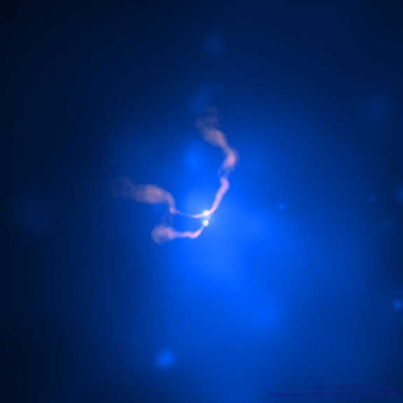What's happening at the center of active galaxy 3C 75?  The two bright sources at the center of this composite x-ray (blue)/ radio (pink) image are co-orbiting supermassive black holes powering the giant radio source 3C 75. Surrounded by multimillion degree x-ray emitting gas, and blasting out jets of relativistic particles the supermassive black holes are separated by 25,000 light-years. At the cores of two merging galaxies in the Abell 400 galaxy cluster they are some 300 million light-years away. Astronomers conclude that these two supermassive black holes are bound together by gravity in a binary system in part because the jets' consistent swept back appearance is most likely due to their common motion as they speed through the hot cluster gas at 1200 kilometers per second. Such spectacular cosmic mergers are thought to be common in crowded galaxy cluster environments in the distant universe. In their final stages the mergers are expected to be intense sources of gravitational waves.   Free Download: The 2018 APOD Calendar