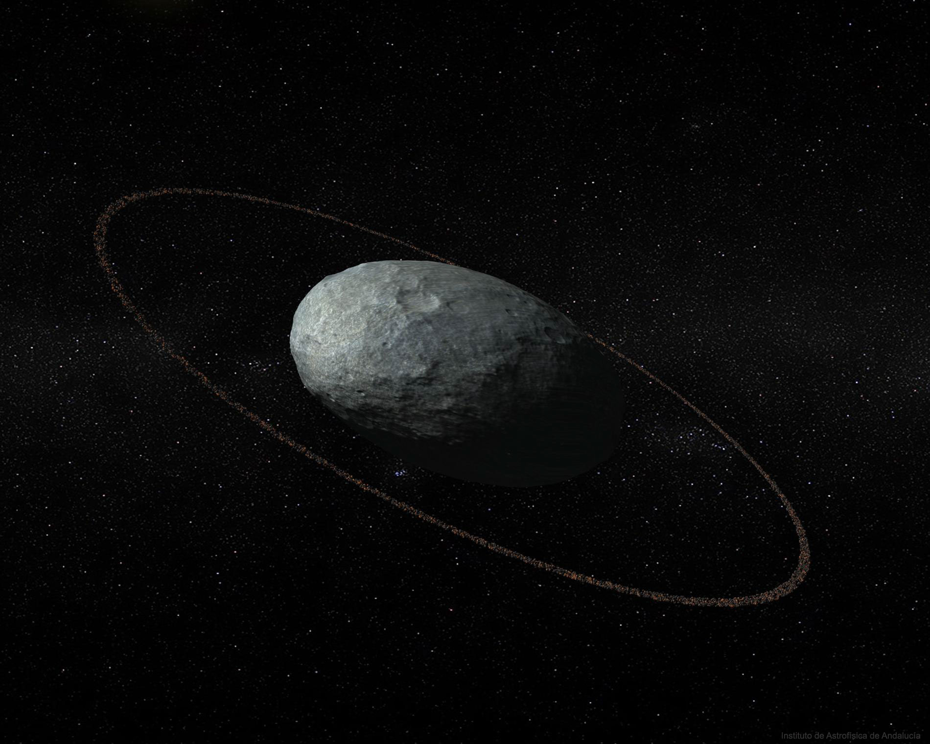 One of the strangest objects in the outer Solar System has recently been found to have a ring. The object, named  Haumea, is the fifth designated dwarf planet after Pluto, Ceres, Eris, and Makemake. Haumea's  oblong shape makes it quite unusual. Along one direction, Haumea is significantly longer than Pluto, while in another direction Haumea has an extent very similar to Pluto, while in the third direction is much smaller. Haumea's orbit sometimes brings it closer to the Sun than Pluto, but usually Haumea is further away. Illustrated above, an artist visualizes Haumea as a cratered  ellipsoid surrounded by a uniform ring. Originally discovered in 2003 and given the temporary designation of 2003 EL61, Haumea was renamed in 2008 by the IAU for a Hawaiian goddess. Besides the ring discovered this year, Haumea has two small moons discovered in 2005, named Hi'iaka and Namaka for daughters of the goddess.