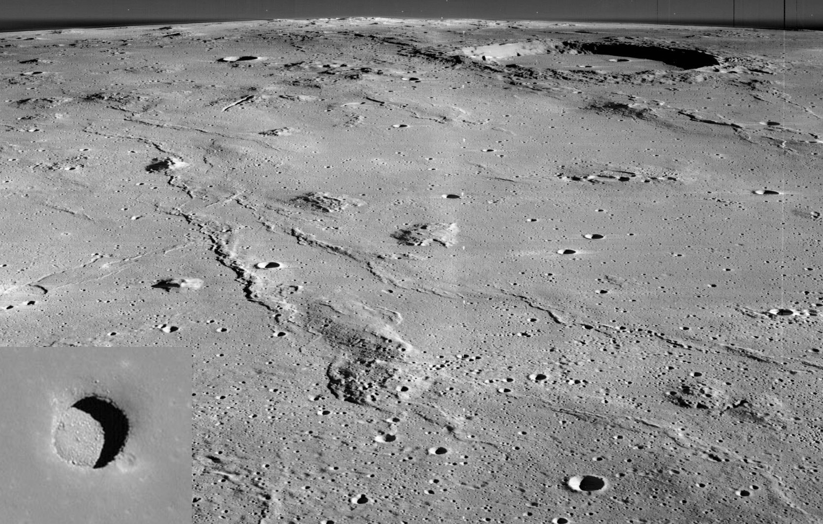 Could humans live beneath the surface of the Moon? This intriguing possibility was bolstered in 2009 when Japan's Moon-orbiting SELENE spacecraft imaged a curious hole beneath the Marius Hills region on the Moon, possibly a skylight to an underground lava tube. Follow-up observations by NASA's Lunar Reconnaissance Orbiter (LRO) indicated that the Marius Hills Hole (MHH) visually extends down nearly 100 meters and is several hundred meters wide.  Most recently, ground penetrating radar data from SELENE has been re-analyzed to reveal a series of intriguing second echoes -- indicators that the extensive lava tubes exist under Marius Hills might extend down even kilometers and be large enough to house cities.  Such tubes could shelter a future Moon colony from large temperature swings, micro-meteor impacts, and harmful solar radiation.  Potentially, underground lava tubes might even be sealed to contain breathable air.  These lava tubes likely formed when lunar volcanos were active billions of years ago. Pictured, the surface of Marius Hills region was captured in the 1960s by NASA's Lunar Orbiter 2 mission, while an inset image of the MHH is shown from NASA's continuing LRO.  Several volcanic domes are visible, while Marius Crater is visible on the upper right.