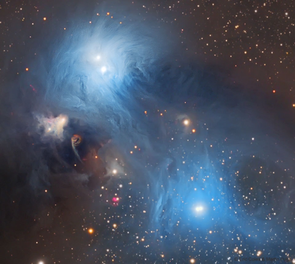 Blue dust clouds and young, energetic stars inhabit this telescopic vista, less than 500 light-years away toward the northern boundary of Corona Australis, the Southern Crown. The dust clouds effectively block light from more distant background stars in the Milky Way. But the striking complex of reflection nebulas cataloged as NGC 6726, 6727, and IC 4812 produce a characteristic blue color as light from the region's bright blue stars is reflected by the cosmic dust. The dust also obscures from view stars still in the process of formation. At the left, smaller yellowish nebula NGC 6729 bends around young variable star R Coronae Australis. Just below it, glowing arcs and loops shocked by outflows from embedded newborn stars are identified as Herbig-Haro objects. On the sky this field of view spans about one degree, corresponding to almost nine light-years at the estimated distance of the nearby star forming region.   Explore the Universe: Random APOD Generator