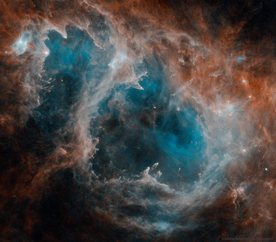 Stars are forming in the Soul of the Queen of Aethiopia. More specifically, a large star forming region called the Soul Nebula can be found in the direction of the constellation Cassiopeia, who Greek mythology credits as the vain wife of a King who long ago ruled lands surrounding the upper Nile river. The Soul Nebula houses several open clusters of stars, a large radio source known as W5, and huge evacuated bubbles formed by the winds of young massive stars. Located about 6,500 light years away, the Soul Nebula spans about 100 light years and is usually imaged next to its celestial neighbor the Heart Nebula (IC 1805). The featured image, impressively detailed, was taken in several bands of infrared light by the orbiting Herschel Space Observatory.    Follow APOD on Facebook: In English, Spanish, Portuguese, or Catalan