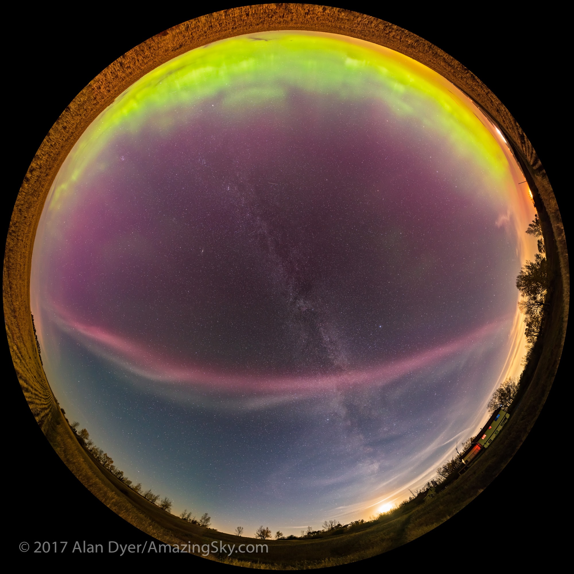 Familiar green and red tinted auroral emission floods the sky along the northern (top) horizon in this fish-eye panorama projection from September 27. On the mild, clear evening the Milky Way tracks through the zenith of a southern Alberta sky and ends where the six-day-old Moon sets in the southwest. The odd, isolated, pink and whitish arc across the south has come to be known as Steve. The name was given to the phenomenon by the Alberta Aurora Chasers Facebook group who had recorded appearances of the aurora-like feature. Sometimes mistakenly identified as a proton aurora or proton arc, the mysterious Steve arcs seem associated with aurorae but appear closer to the equator than the auroral curtains. Widely documented by citizen scientists and recently directly explored by a Swarm mission satellite, Steve arcs have been measured as thermal emission from flowing gas rather than emission excited by energetic electrons. Even though a reverse-engineered acronym that fits the originally friendly name is Sudden Thermal Emission from Velocity Enhancement, his origin is still mysterious.