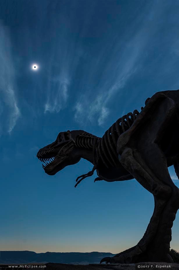 We live in an era where total solar eclipses are possible because at times the apparent size of the Moon can just cover the disk of the Sun. But the Moon is slowly moving away from planet Earth. Its distance is measured to increase about 1.5 inches (3.8 centimeters) per year due to tidal friction. So there will come a time, about 600 million years from now, when the Moon is far enough away that the lunar disk will be too small to ever completely cover the Sun. Then, at best only annular eclipses, a ring of fire surrounding the silhouetted disk of the too small Moon, will be seen from the surface of our fair planet. Of course the Moon was slightly closer and loomed a little larger 100 million years ago. So during the age of the dinosaurs there were more frequent total eclipses of the Sun. In front of the Tate Geological Museum at Casper College in Wyoming, this dinosaur statue posed with a modern total eclipse, though. An automated camera was placed under him to shoot his portrait during the Great American Eclipse of August 21.