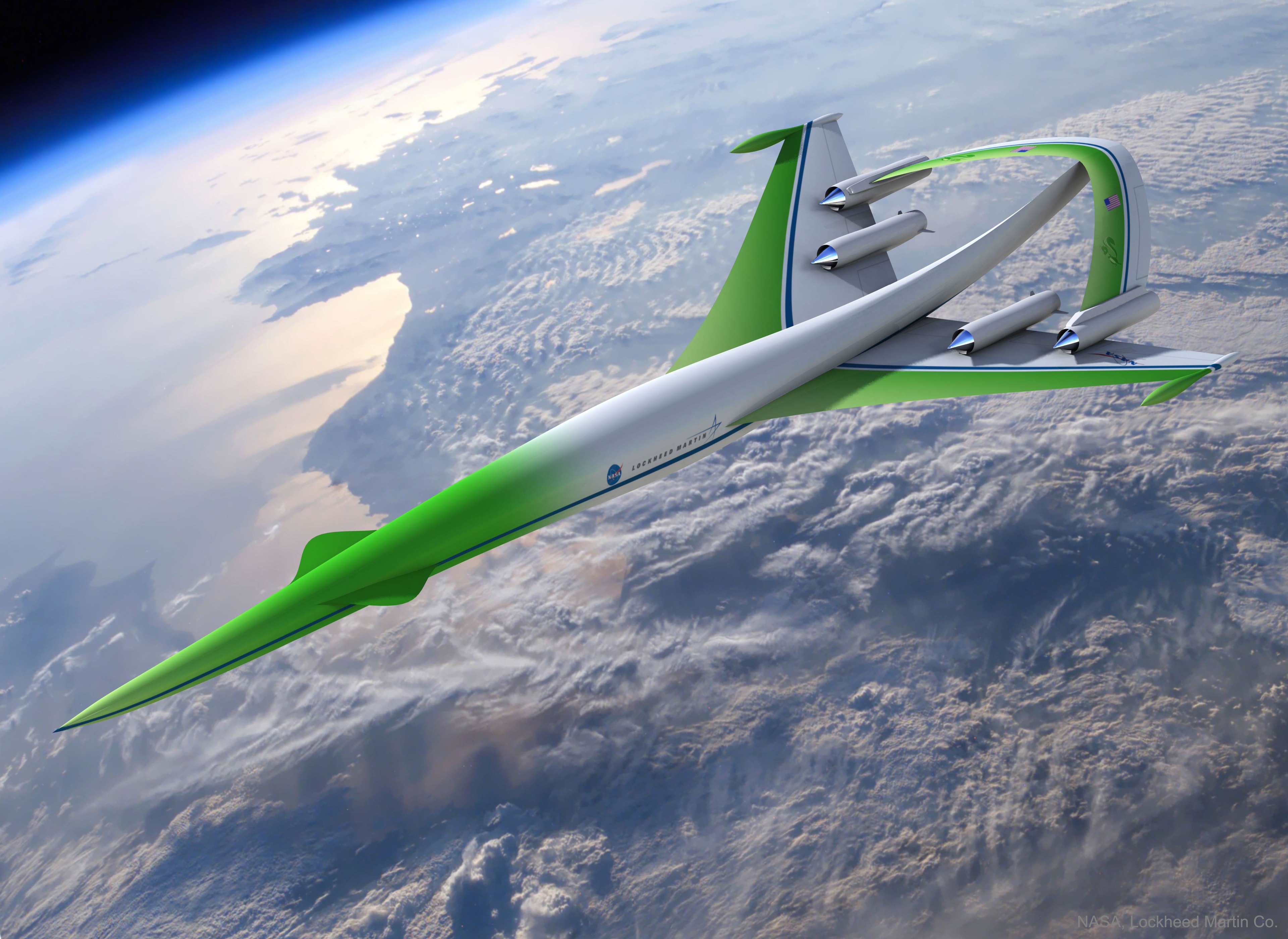 What will passenger airplanes be like in the future? To help brainstorm desirable and workable attributes, NASA sponsors design competitions. Shown here is an artist's depiction of a concept plane that was suggested in 2010. This futuristic plane would be expected to achieve supersonic speeds, possibly surpassing the speeds of the supersonic transport planes that ran commercially in the late twentieth century. In terms of noise reduction, the future aircraft has been drawn featuring an inverted V wing stretched over its engines. The structure is intended to reduce the sound from annoying sonic booms. Additionally, future airplanes would aim to have relatively little impact on our environment, including green limits on pollution and fuel consumption. Aircraft utilizing similar design concepts might well become operational by the 2030s.