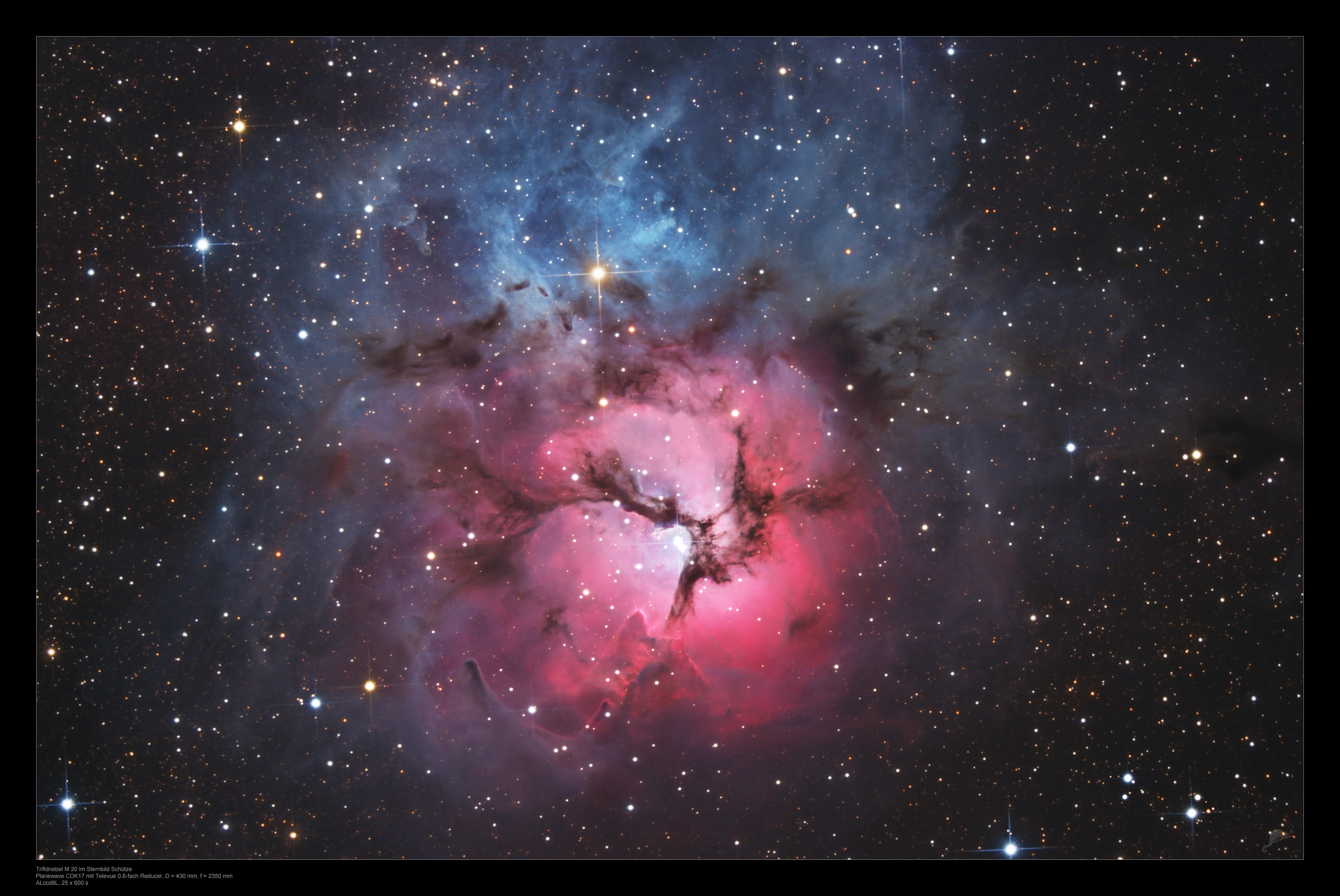 The beautiful Trifid Nebula is a cosmic study in contrasts. Also known as M20, it lies about 5,000 light-years away toward the nebula rich constellation Sagittarius. A star forming region in the plane of our galaxy, the Trifid does illustrate three different types of astronomical nebulae; red emission nebulae dominated by light from hydrogen atoms, blue reflection nebulae produced by dust reflecting starlight, and dark nebulae where dense dust clouds appear in silhouette. But the red emission region roughly separated into three parts by obscuring dust lanes is what lends the Trifid its popular name. Pillars and jets sculpted by newborn stars, below and left of the emission nebula's center, appear in famous Hubble Space Telescope close-up images of the region. The Trifid Nebula is about 40 light-years across. Just too faint to be seen by the unaided eye, it almost covers the area of the Moon in planet Earth's sky.