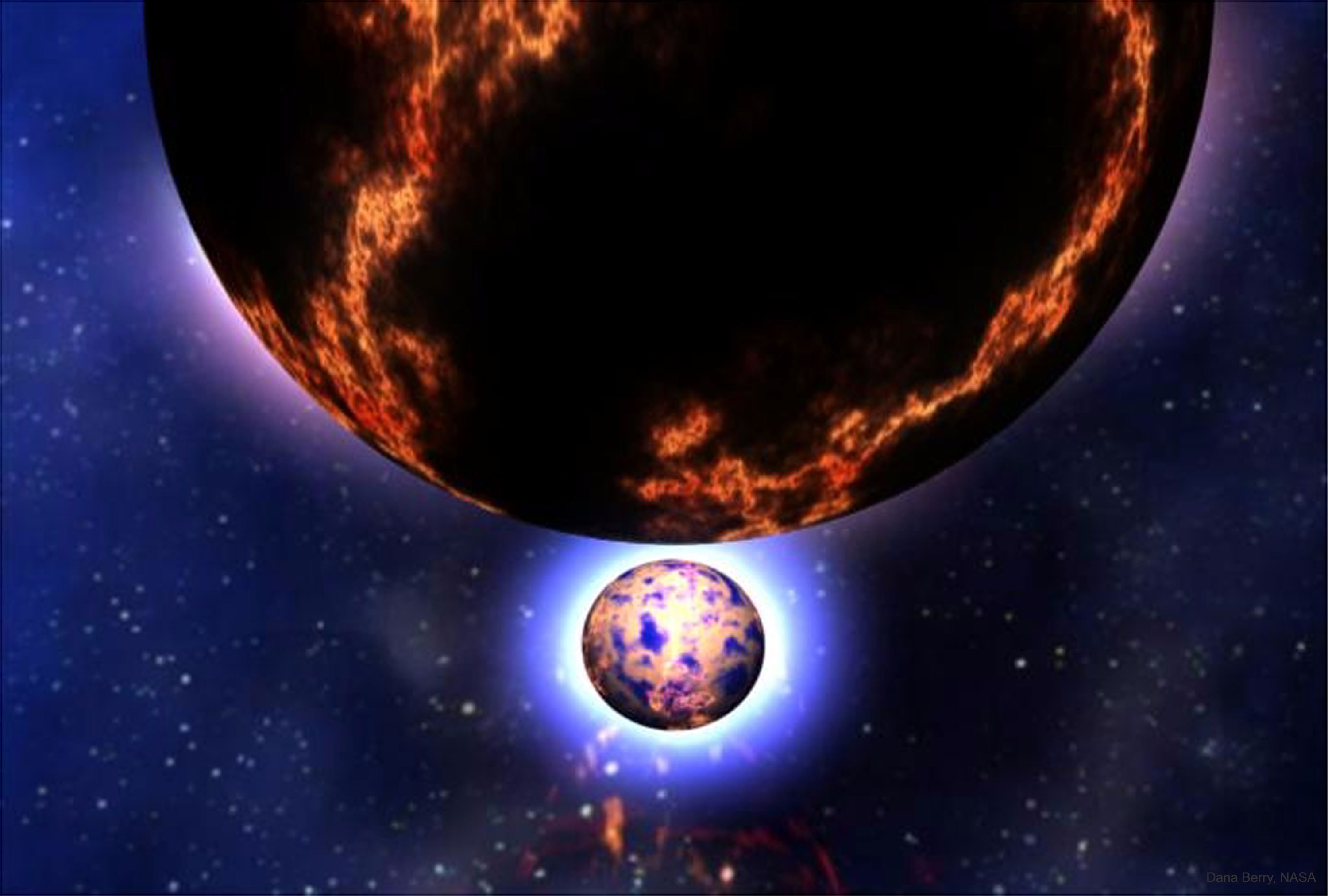 Where did the gold in your jewelry originate?  No one is completely sure.  The relative average abundance in our Solar System appears higher than can be made in the early universe, in stars, and even in typical supernova explosions.  Some astronomers have suggested, and many believe, that neutron-rich heavy elements such as gold might be most easily made in rare neutron-rich explosions such as the collision of neutron stars.  Pictured here is an artist's illustration depicting two neutron stars spiraling in toward each other, just before they collide.  Since neutron star collisions are also suggested as the origin of short duration gamma-ray bursts, it is possible that you already own a souvenir from one of the most powerful explosions in the universe.   Editorial Note: This "best of" APOD ran previously on 2011 September 11.  News Note: The next APOD will debut during an NSF discovery announcement and press briefing on Monday.