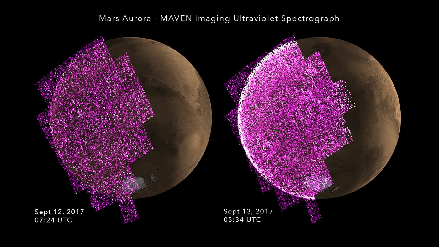 A strong solar event last month triggered intense global aurora at Mars. Before (left) and during (right) the solar storm, these projections show the sudden increase in ultraviolet emission from martian aurora, more than 25 times brighter than auroral emission previously detected by the orbiting MAVEN spacecraft. With a sunlit crescent toward the right, data from MAVEN's ultraviolet imaging spectrograph is shown in purple hues on the night side of Mars globes simulated to match the observation dates and times. On Mars, solar storms can result in planet-wide aurora because, unlike Earth, the Red Planet isn't protected by a strong global magnetic field that can funnel energetic charged particles toward the poles. For all those on the planet's surface during the solar storm, dangerous radiation levels were double any previously measured by the Curiosity rover. MAVEN is studying whether Mars lost its atmosphere due to its lack of a global magnetic field.