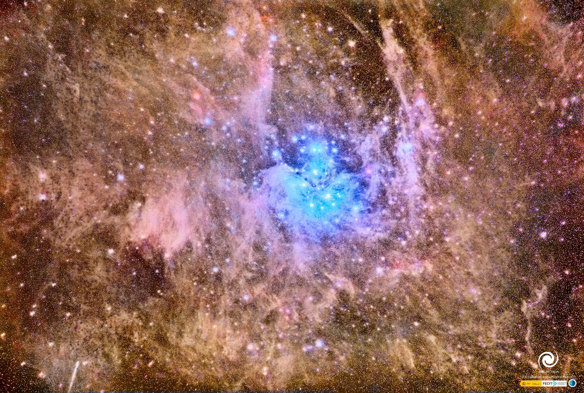 The well-known Pleiades star cluster is slowly destroying part of a passing cloud of gas and dust. The Pleiades is the brightest open cluster of stars on Earth's sky and can be seen from almost any northerly location with the unaided eye.  The passing young dust cloud is thought to be part of Gould's Belt, an unusual ring of young star formation surrounding the Sun in the local Milky Way Galaxy. Over the past 100,000 years, part of Gould's Belt is by chance moving right through the older Pleiades and is causing a strong reaction between stars and dust. Pressure from the stars' light significantly repels the dust in the surrounding blue reflection nebula, with smaller dust particles being repelled more strongly.  A short-term result is that parts of the dust cloud have become filamentary and stratified. The featured deep image also captured Comet C/2015 ER61 (PanSTARRS) on the lower left.