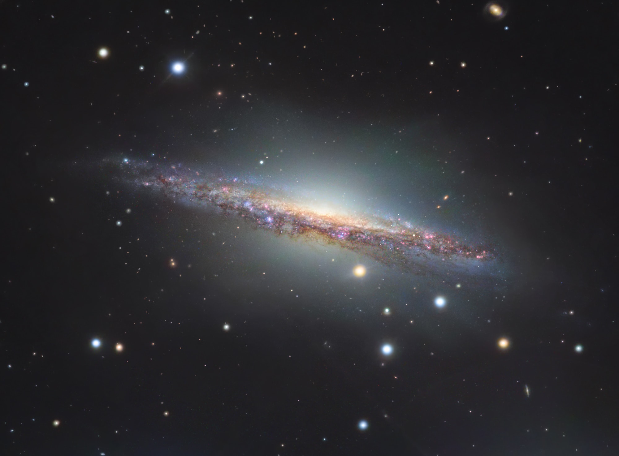 Big, beautiful spiral galaxy NGC 1055 is a dominant member of a small galaxy group a mere 60 million light-years away toward the aquatically intimidating constellation Cetus. Seen edge-on, the island universe spans over 100,000 light-years, a little larger than our own Milky Way. The colorful stars in this cosmic close-up of NGC 1055 are in the foreground, well within the Milky Way. But the telltale pinkish star forming regions are scattered through winding dust lanes along the distant galaxy's thin disk. With a smattering of even more distant background galaxies, the deep image also reveals a boxy halo that extends far above and below the central bluge and disk of NGC 1055. The halo itself is laced with faint, narrow structures, and could represent the mixed and spread out debris from a satellite galaxy disrupted by the larger spiral some 10 billion years ago.