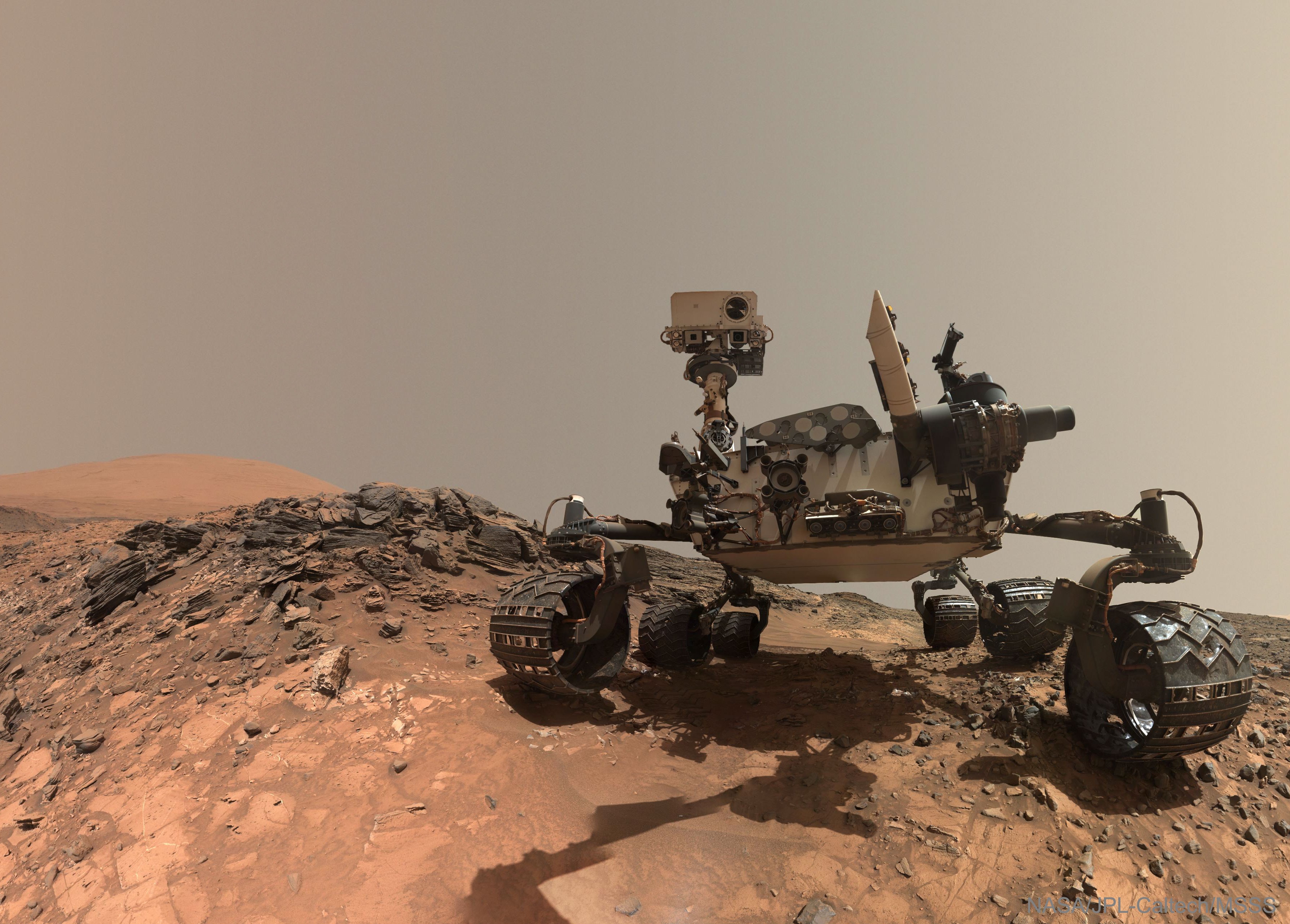 Yes, but have you ever taken a selfie on Mars? The Curiosity rover on Mars has.  This selfie was compiled from many smaller images -- which is why the mechanical arm holding the camera is not visible.  (Although its shadow is!)  Taken in mid-2015, the featured image shows not only the adventurous rover, but dark layered rocks, the light colored peak of Mount Sharp, and the rusting red sand that pervades Mars. If you look closely, you can even see that a small rock is stuck into one of Curiosity's aging wheels.  Now nearing the end of 2017, Curiosity continues to explore the layers of sedimentary rocks it has discovered on Vera Rubin Ridge in order to better understand, generally, the ancient geologic history of Mars and, specifically, why these types of rocks exist there.    Now Available: The 2018 APOD Calendar