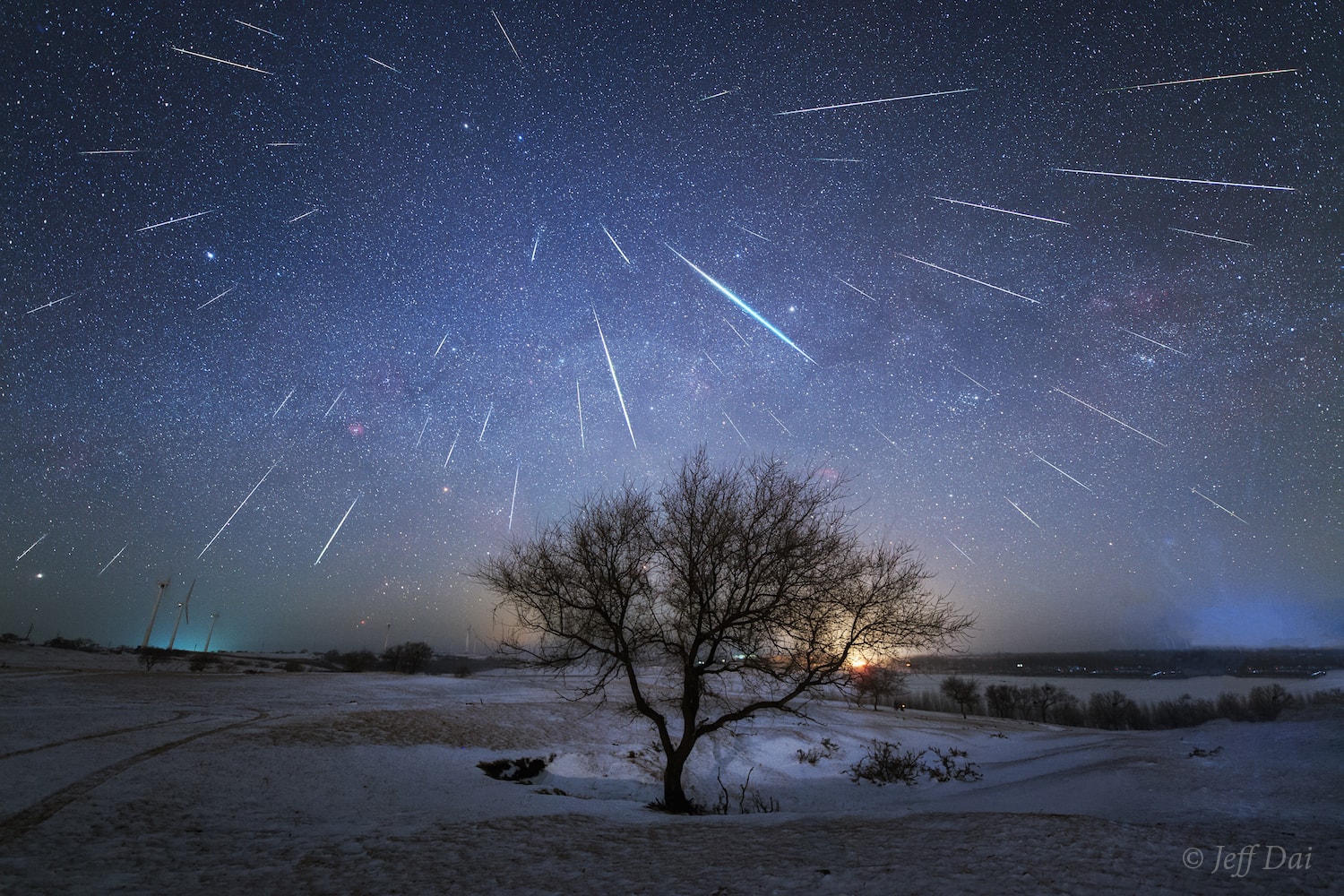 From dark skies above Heilongjiang province in northeastern China, meteors rain down on a wintry landscape in this beautiful composited night scene. The 48 meteors are part of last week's annual Geminid meteor shower. Despite temperatures of -28 degrees C, all were recorded in camera exposures made during the peak hour of the celestial spectacle. They stream away from the shower's radiant high above the horizon near the two bright stars of the zodiacal constellation of the Twins. A very active shower, this year the December 13-14 peak of the Geminids arrived just before the December 16 closest approach of asteroid 3200 Phaethon to planet Earth. Mysterious 3200 Phaethon is the Geminid shower's likely parent body.