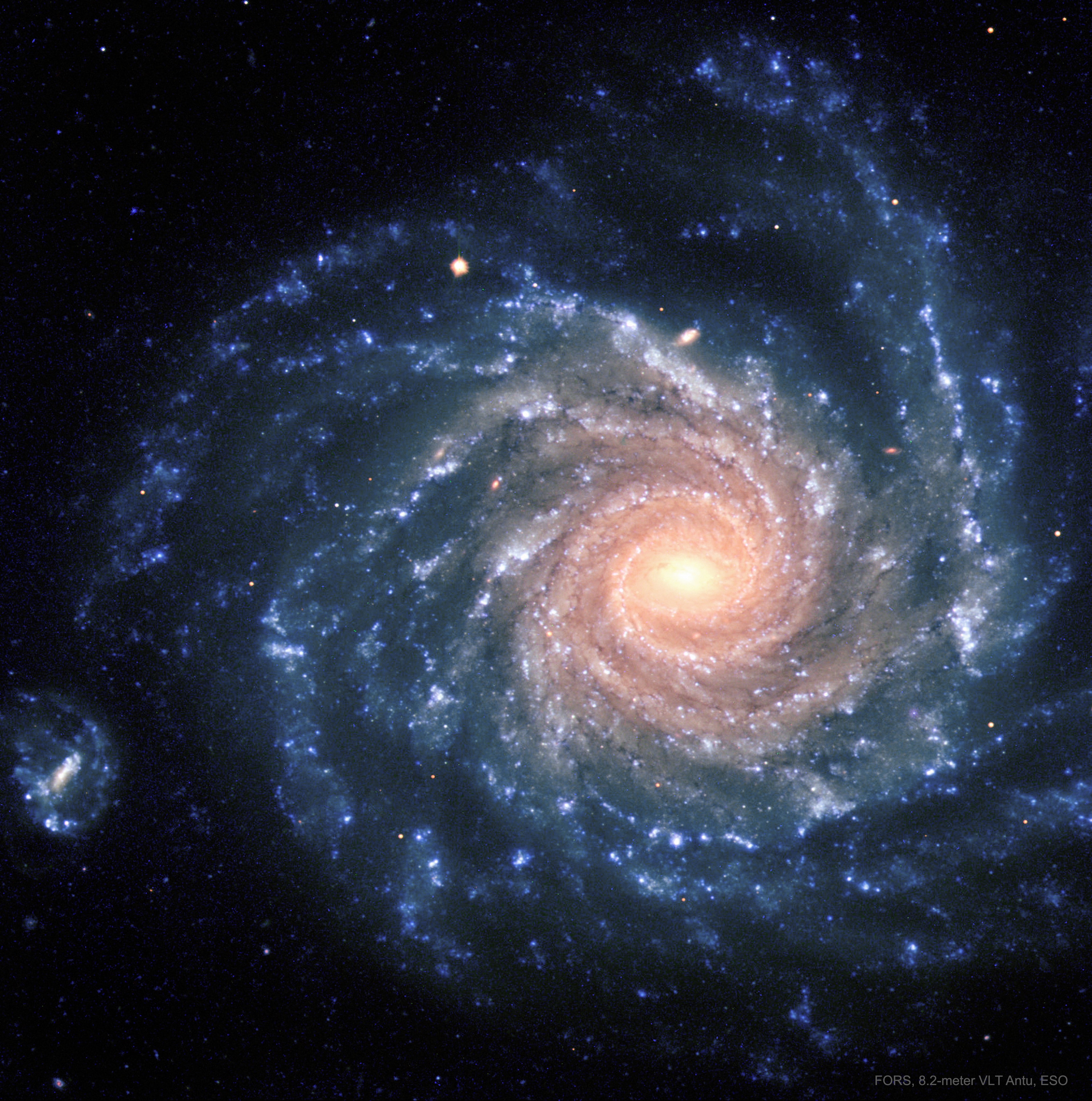 Galaxies are fascinating not only for what is visible, but for what is invisible. Grand spiral galaxy NGC 1232, captured in detail by one of the Very Large Telescopes, is a good example.  The visible is dominated by millions of bright stars and dark dust, caught up in a gravitational swirl of spiral arms revolving about the center. Open clusters containing bright blue stars can be seen sprinkled along these spiral arms, while dark lanes of dense interstellar dust can be seen sprinkled between them. Less visible, but detectable, are billions of dim normal stars and vast tracts of interstellar gas, together wielding such high mass that they dominate the dynamics of the inner galaxy.  Leading theories indicate that even greater amounts of matter are invisible, in a form we don't yet know. This pervasive dark matter is postulated, in part, to explain the motions of the visible matter in the outer regions of galaxies.    Free APOD Lectures: January 5 in NYC & January 9 in DC